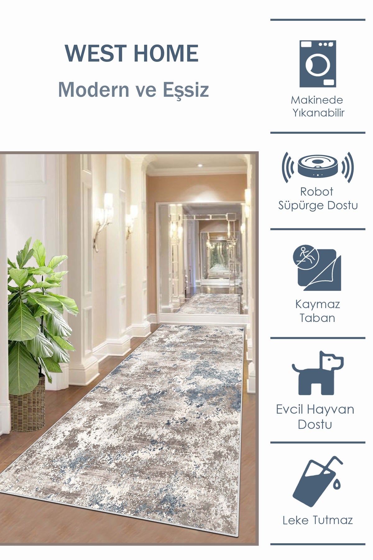 West Home Dijital Baskılı Yıkanabilir Kaymaz Taban Salon, Mutfak ve Yolluk Halısı-245 Turquoise