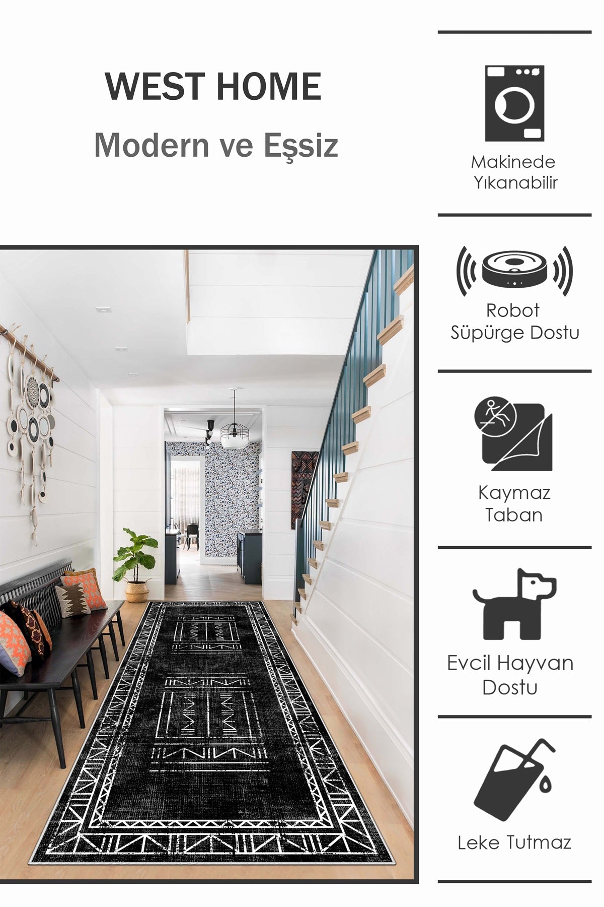 West Home Dijital Baskılı Yıkanabilir Kaymaz Taban Salon, Mutfak ve Yolluk Halısı-435 Black