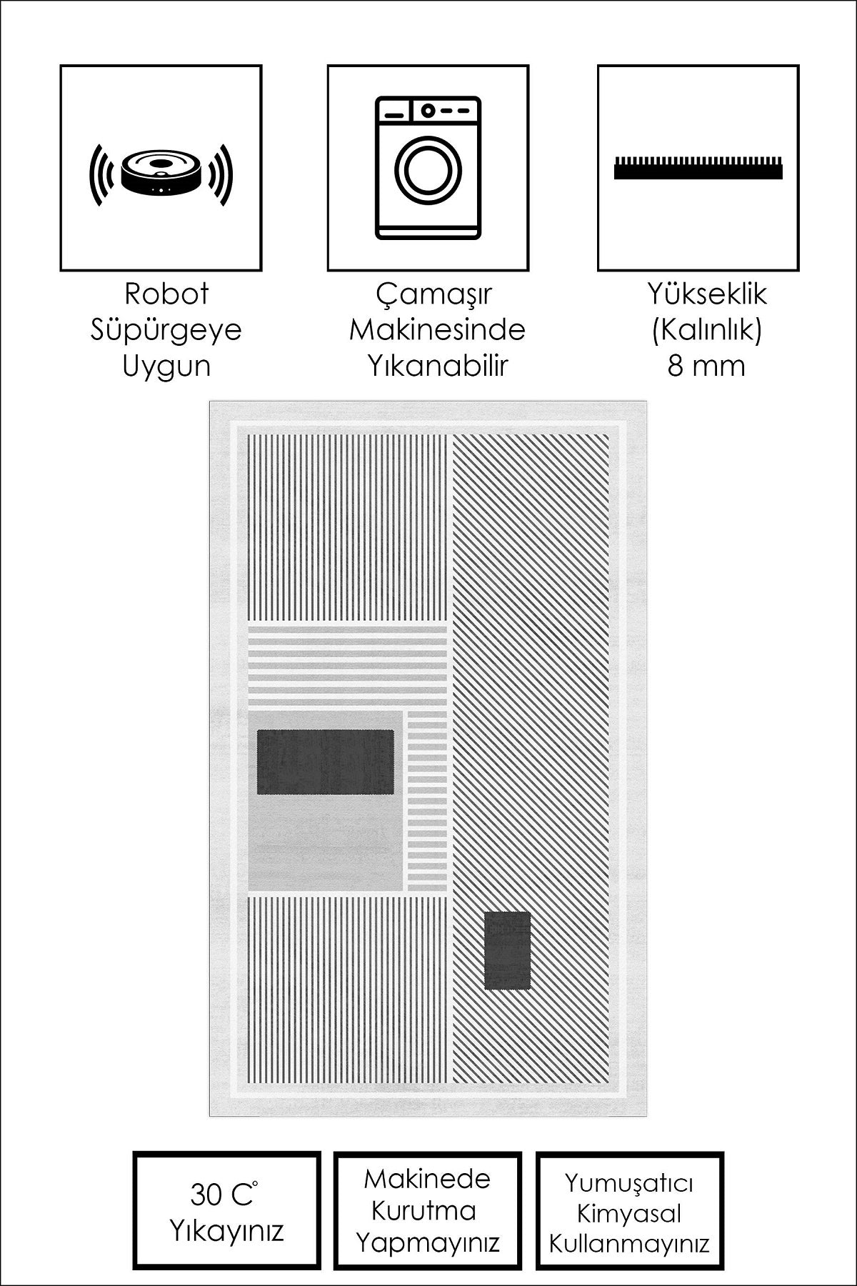 West Home Dijital Baskılı Yıkanabilir Kaymaz Taban Salon, Mutfak ve Yolluk Halısı - 616 Grey