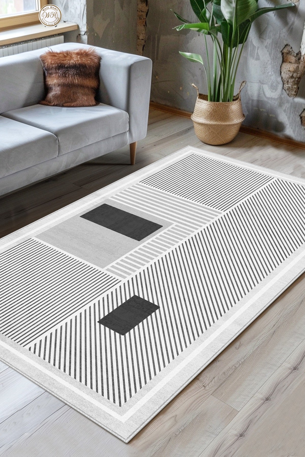 West Home Dijital Baskılı Yıkanabilir Kaymaz Taban Salon, Mutfak ve Yolluk Halısı - 616 Grey