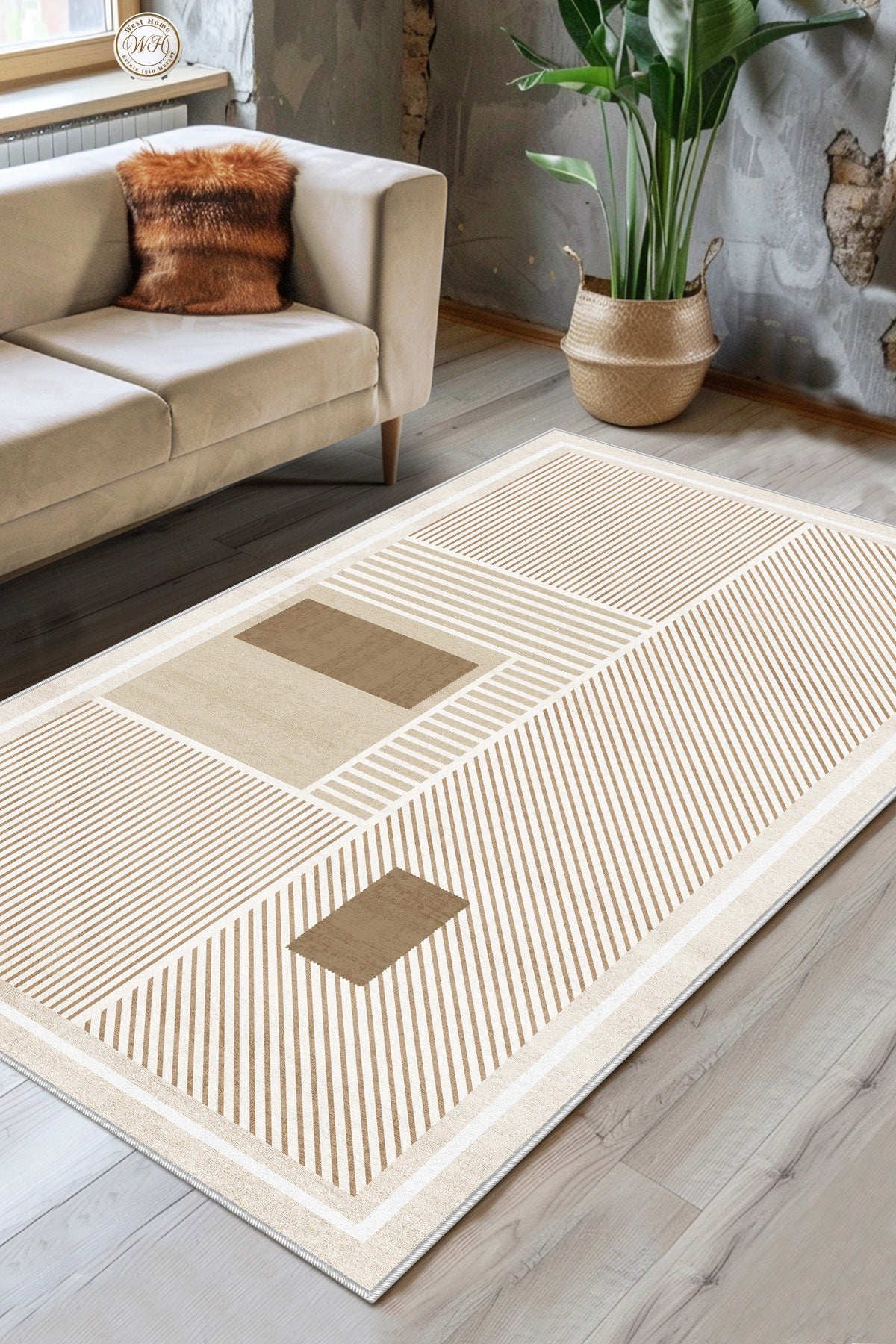 West Home Dijital Baskılı Yıkanabilir Kaymaz Taban Salon, Mutfak ve Yolluk Halısı-616 Beige