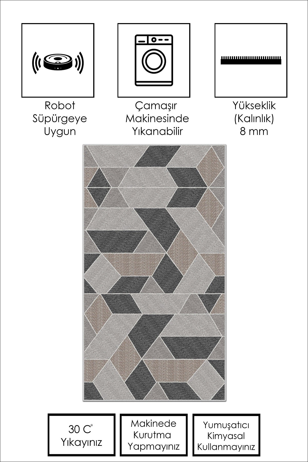 West Home Dijital Baskılı Yıkanabilir Kaymaz Taban Salon, Mutfak ve Yolluk Halısı-449 Grey