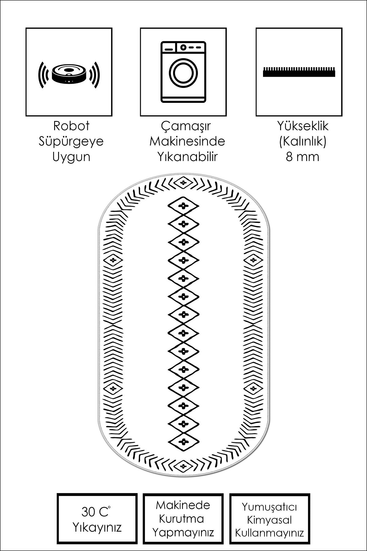 West Home Dijital Baskılı Yıkanabilir Kaymaz Taban Salon, Mutfak ve Yolluk Halısı-375 White