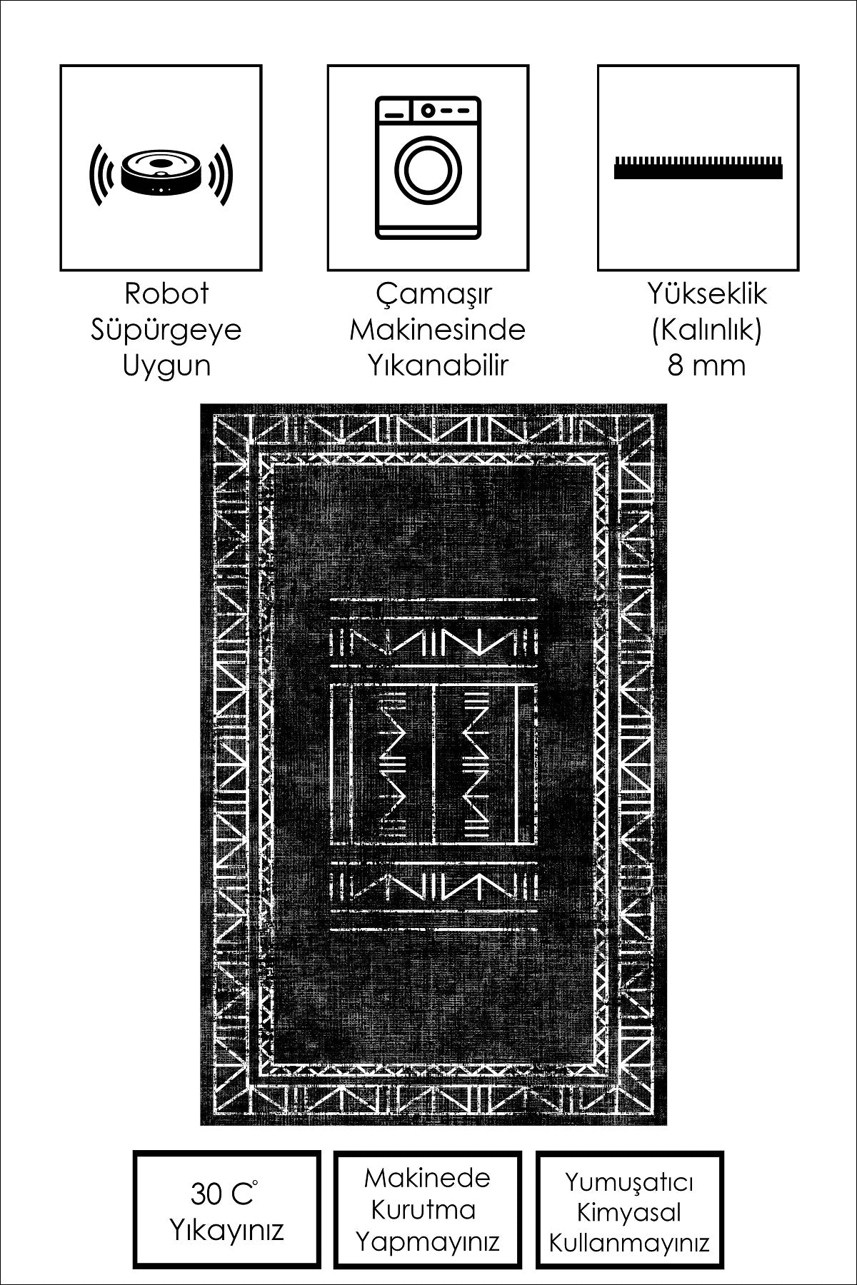 West Home Dijital Baskılı Yıkanabilir Kaymaz Taban Salon, Mutfak ve Yolluk Halısı-435 Black