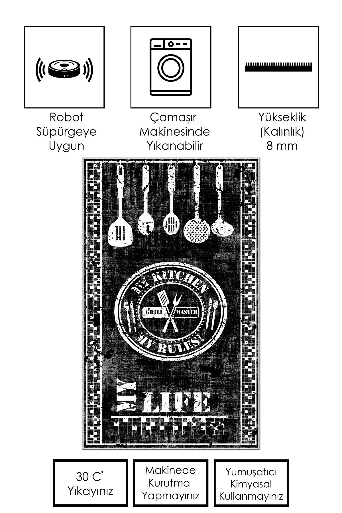 West Home Dijital Baskılı Yıkanabilir Kaymaz Taban Mutfak Halısı-442 Black