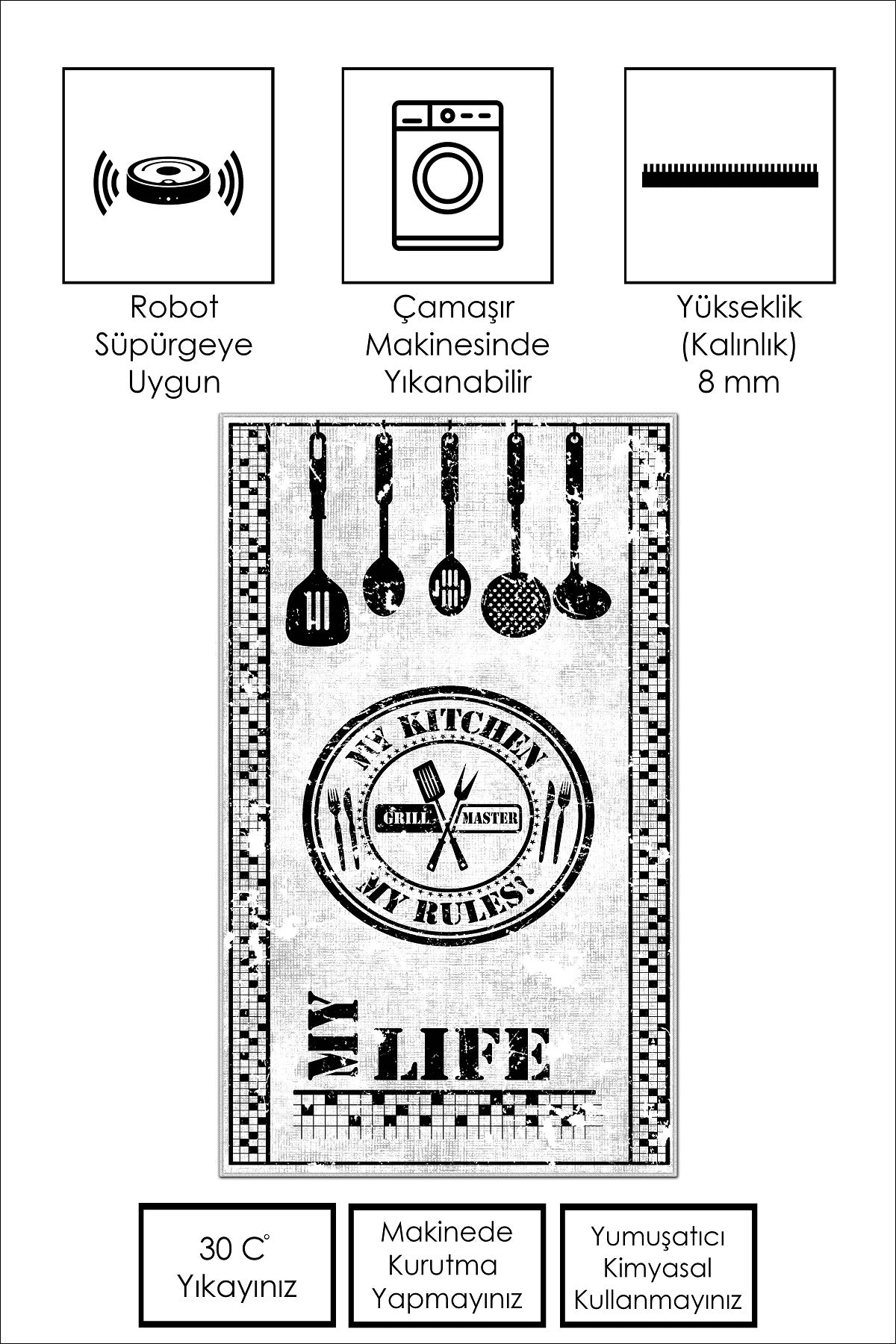 West Home Dijital Baskılı Yıkanabilir Kaymaz Taban Mutfak Halısı-442 White