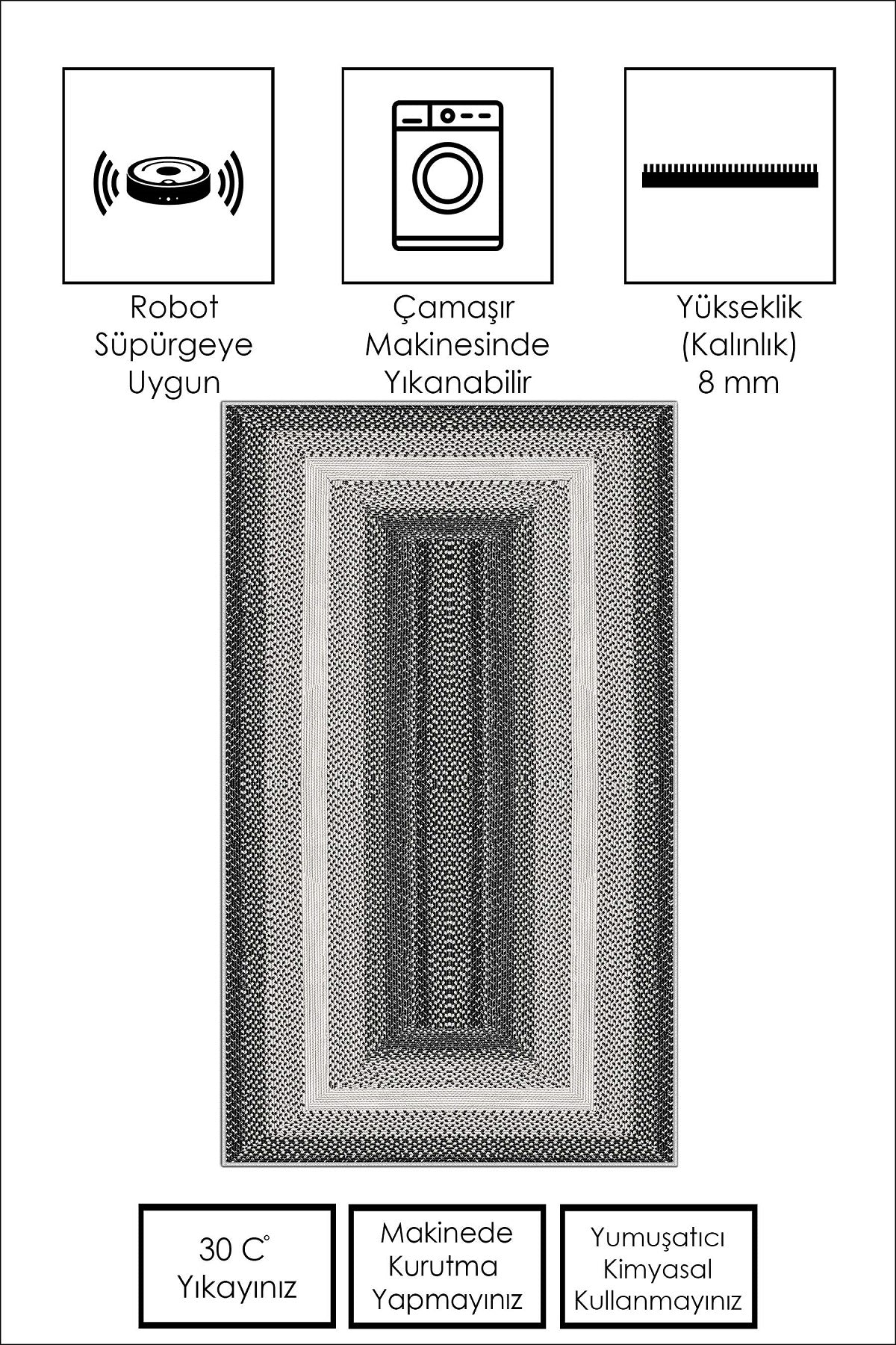 West Home Dijital Baskılı Yıkanabilir Kaymaz Taban Salon, Mutfak ve Yolluk Halısı-537 Black