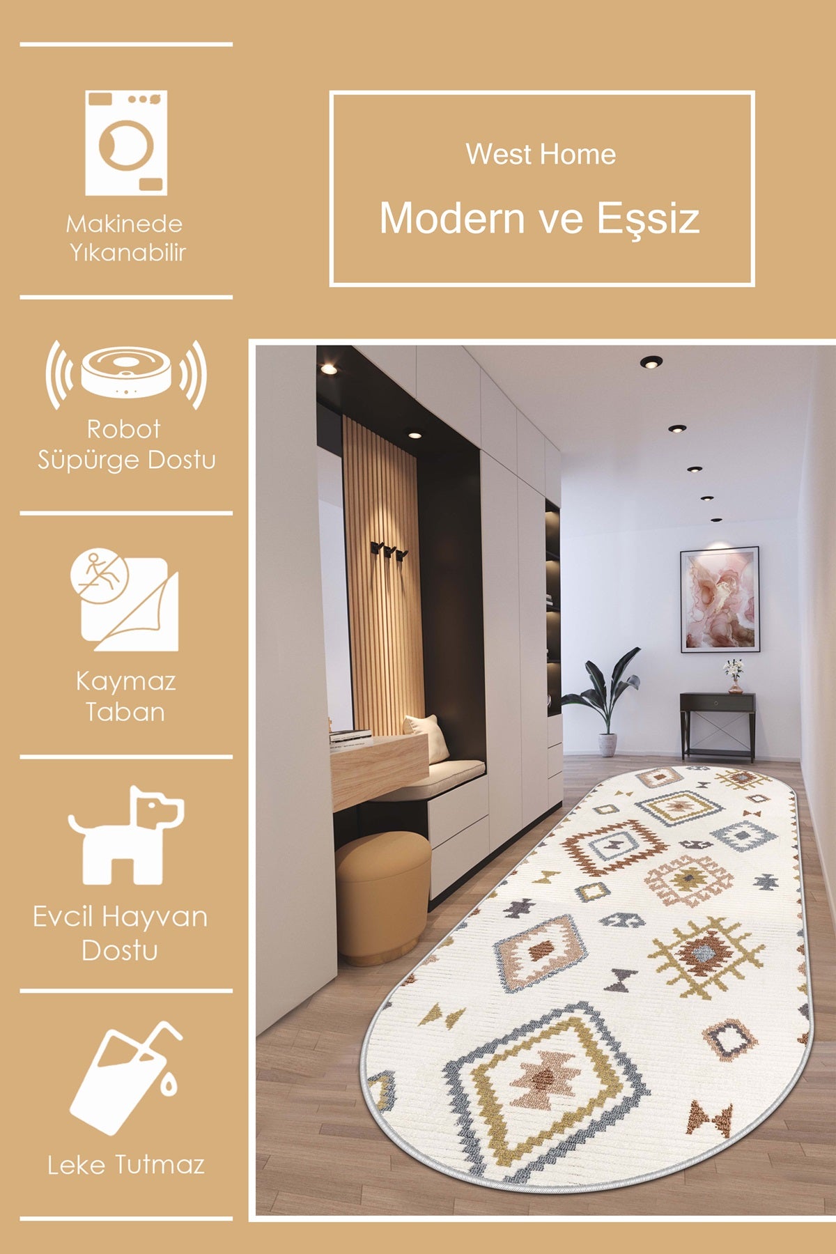 West Home Dijital Baskılı Yıkanabilir Kaymaz Taban Salon, Mutfak ve Yolluk Halısı-541 Multy