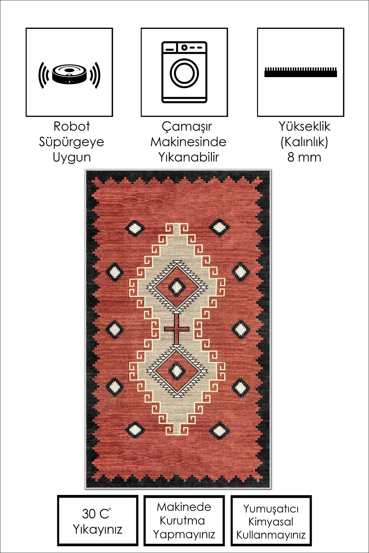 West Home Dijital Baskılı Yıkanabilir Kaymaz Taban Salon, Mutfak ve Yolluk Halısı-557 Red