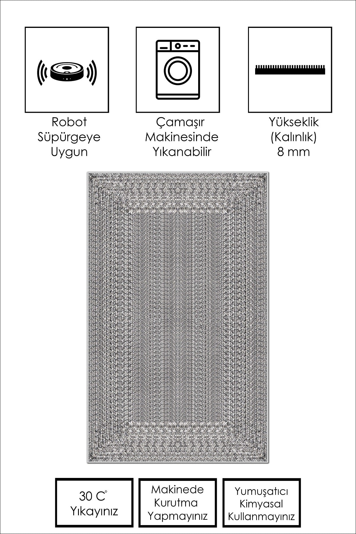 West Home Dijital Baskılı Yıkanabilir Kaymaz Taban Salon, Mutfak ve Yolluk Halısı-560 Grey