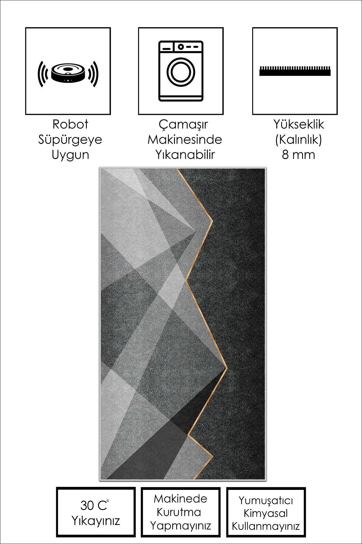 West Home Dijital Baskılı Yıkanabilir Kaymaz Taban Salon, Mutfak ve Yolluk Halısı-585 Grey
