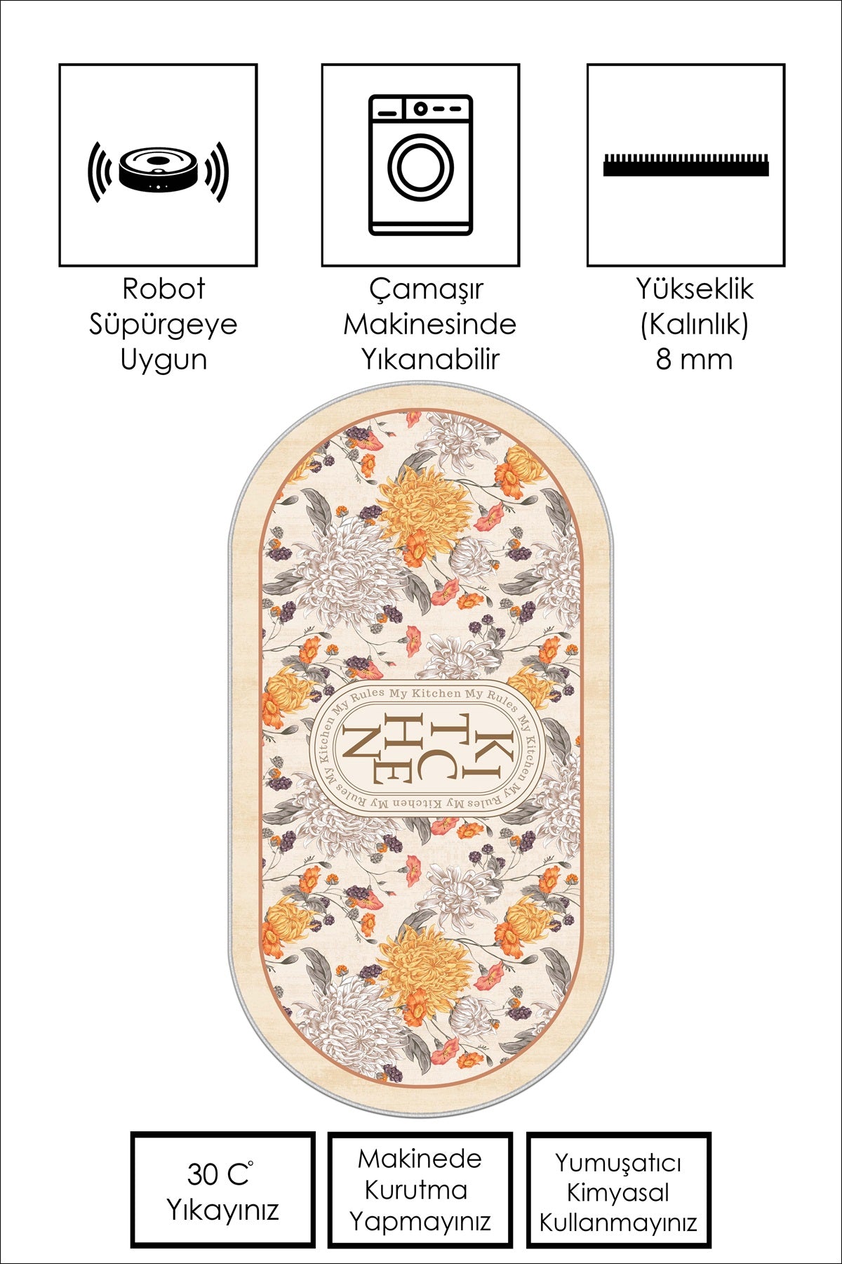 West Home Dijital Baskılı Yıkanabilir Kaymaz Taban Mutfak Halısı-598 Beige