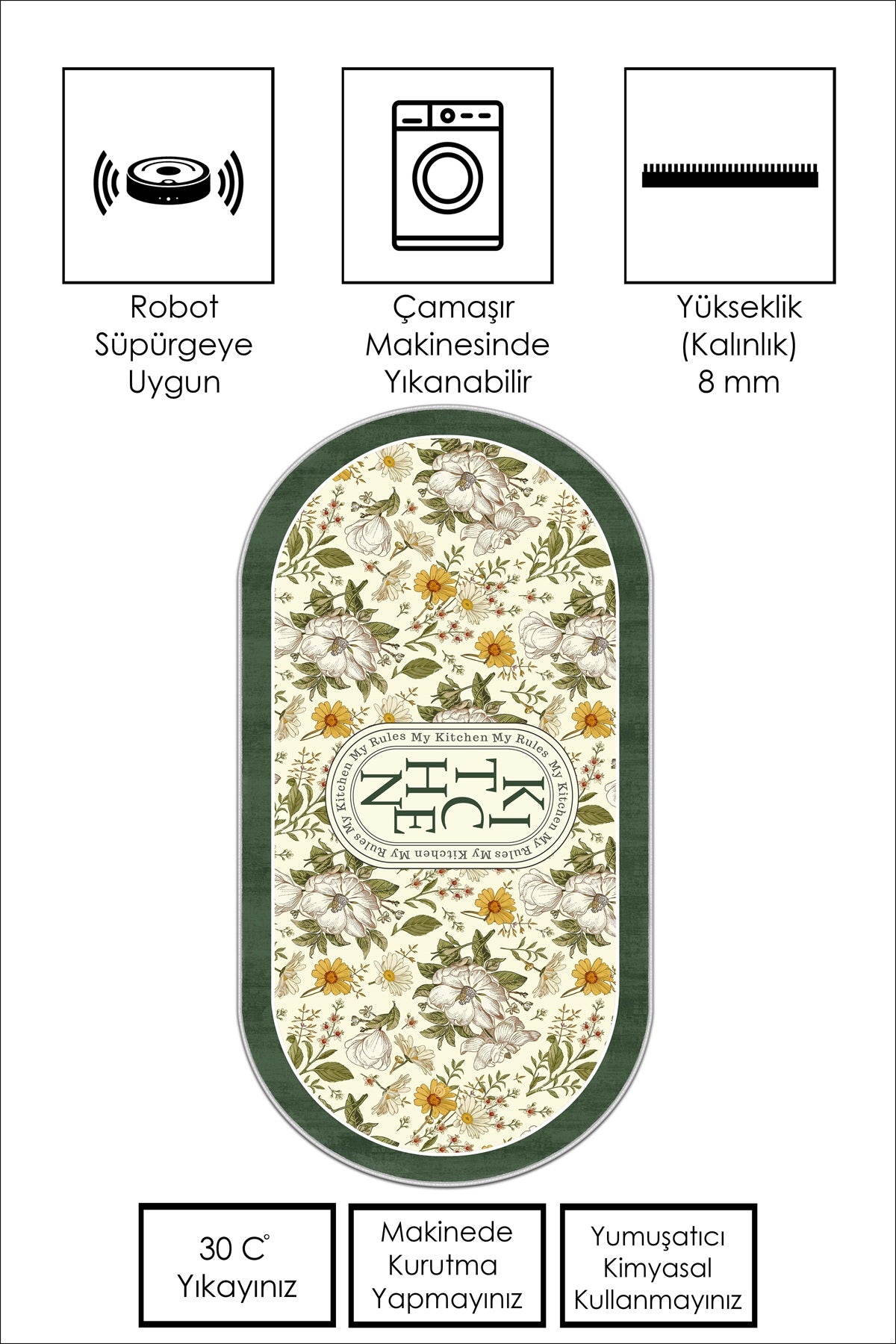 West Home Dijital Baskılı Yıkanabilir Kaymaz Taban Mutfak Halısı-598 Green