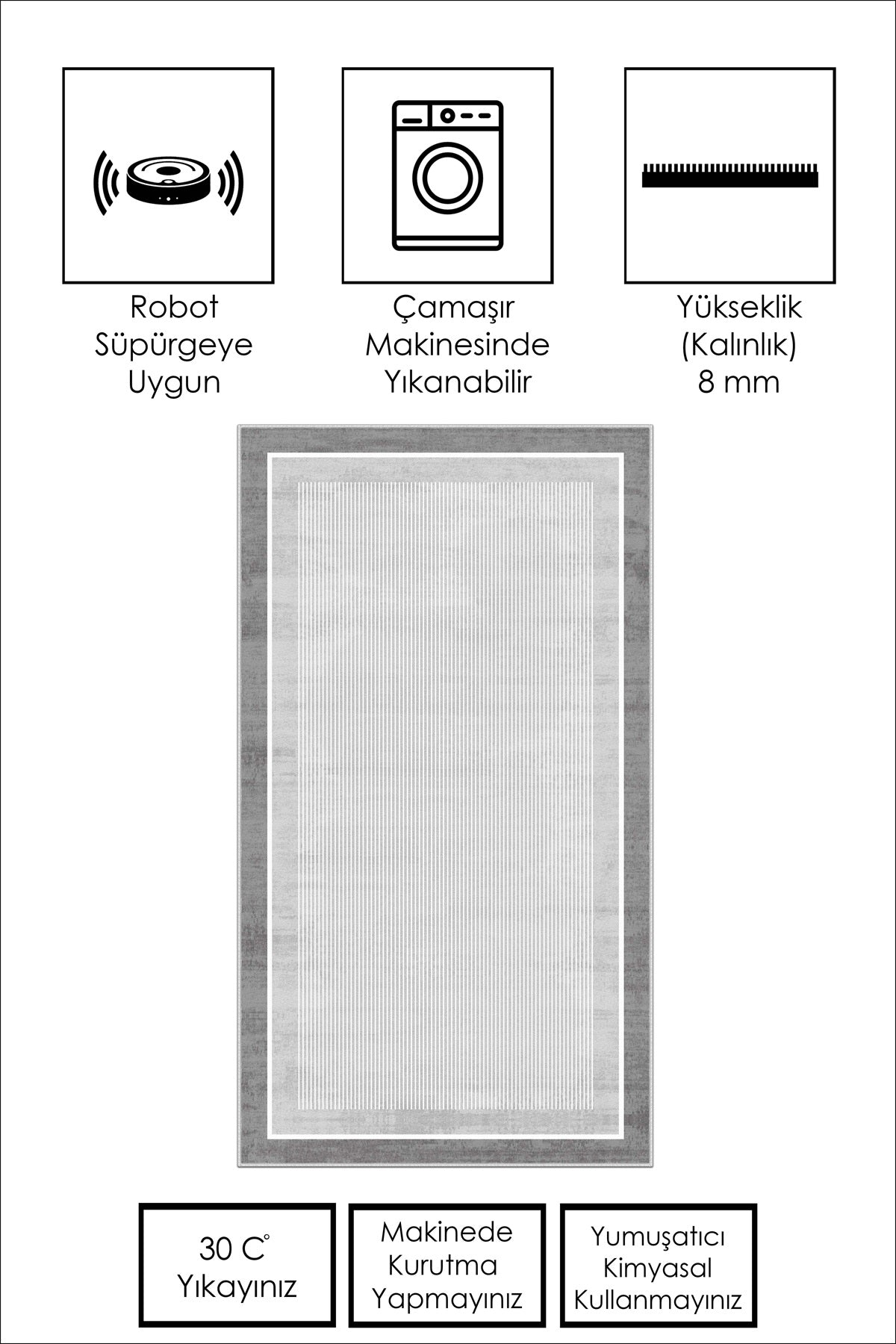 West Home Dijital Baskılı Yıkanabilir Kaymaz Taban Salon, Mutfak ve Yolluk Halısı-600 Grey