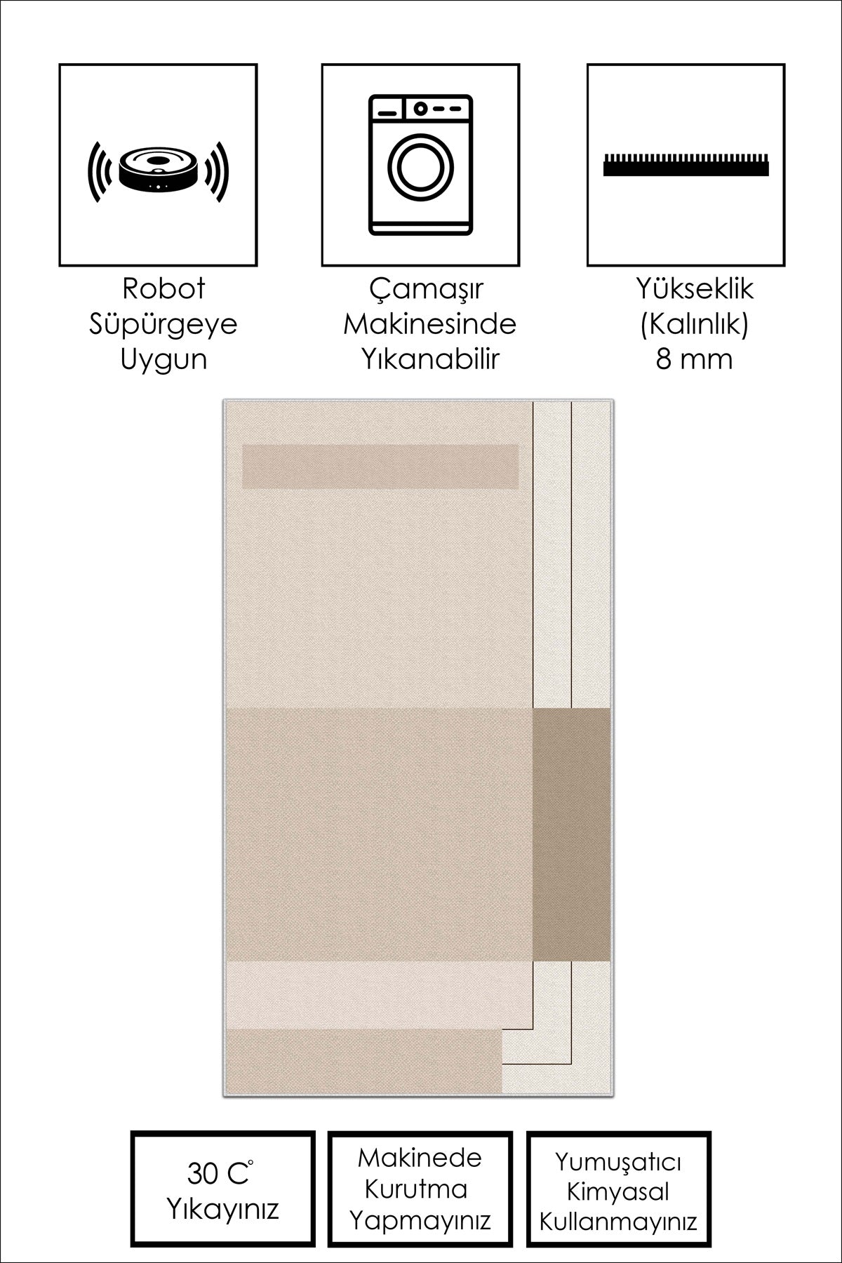 West Home Dijital Baskılı Yıkanabilir Kaymaz Taban Salon, Mutfak ve Yolluk Halısı-606 Beige