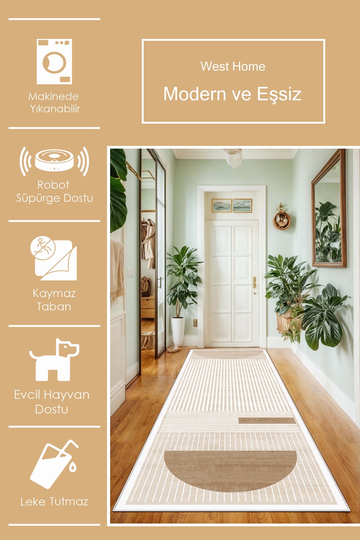 West Home Dijital Baskılı Yıkanabilir Kaymaz Taban Salon, Mutfak ve Yolluk Halısı-612 Beige