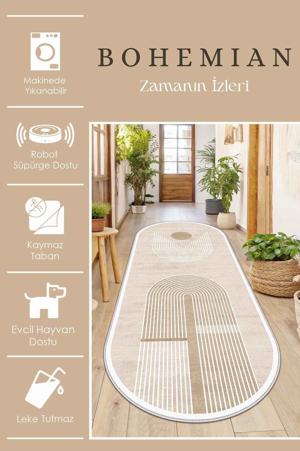 West Home Dijital Baskılı Yıkanabilir Kaymaz Taban Salon, Mutfak ve Yolluk Halısı-613 Beige