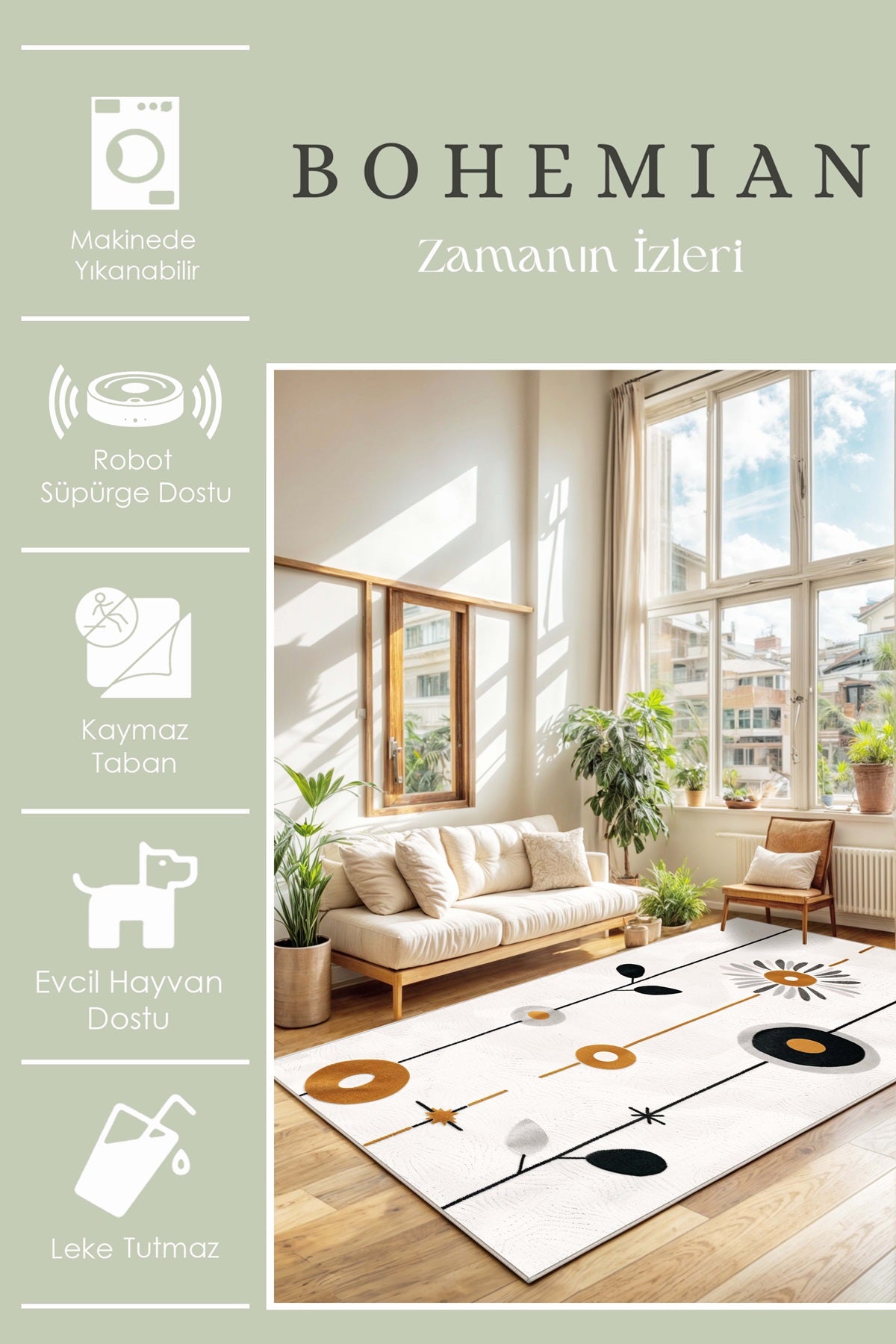 West Home Dijital Baskılı Yıkanabilir Kaymaz Taban Salon, Mutfak ve Yolluk Halısı-649 White