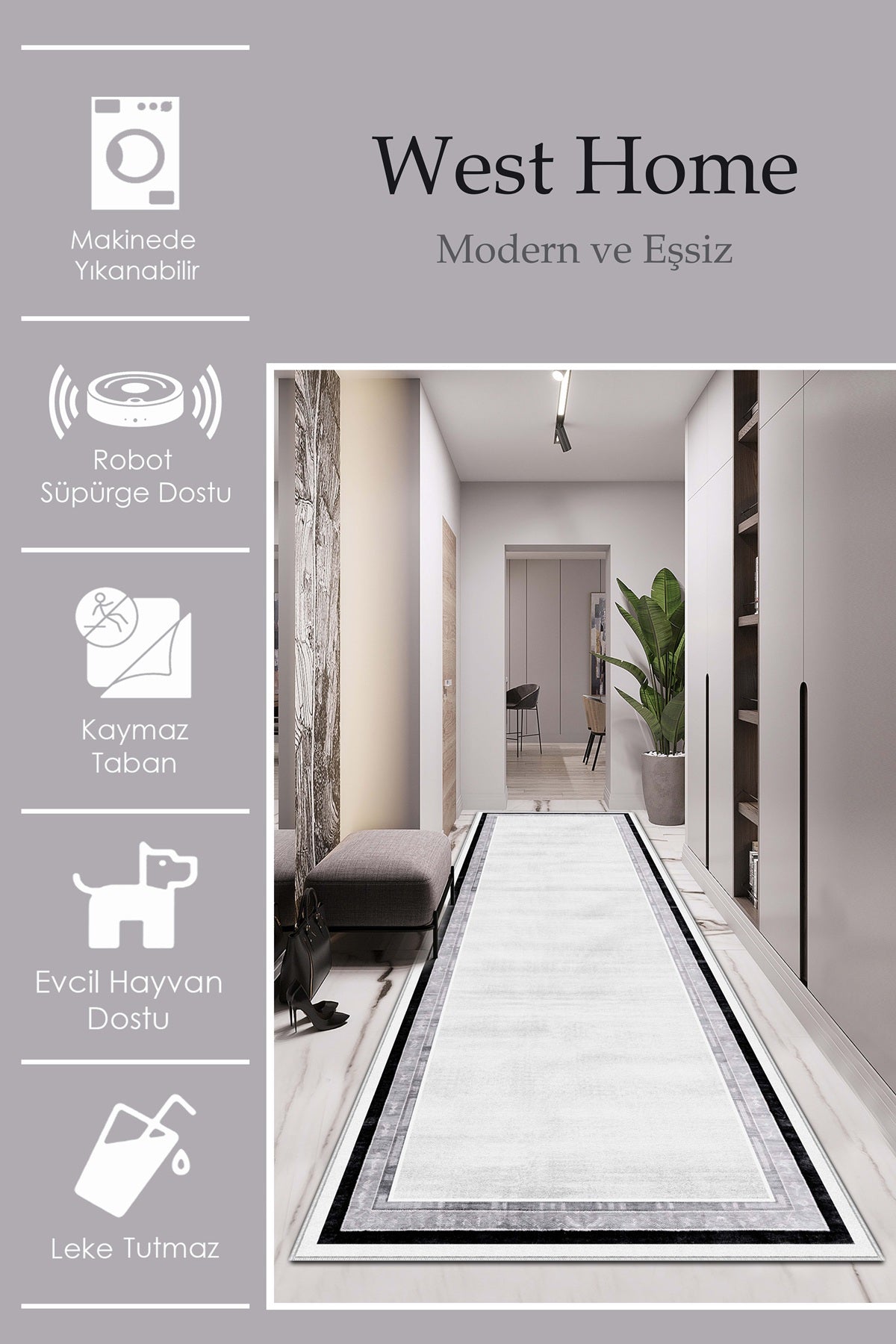 West Home Dijital Baskılı Yıkanabilir Kaymaz Taban Salon, Mutfak ve Yolluk Halısı-660 Grey
