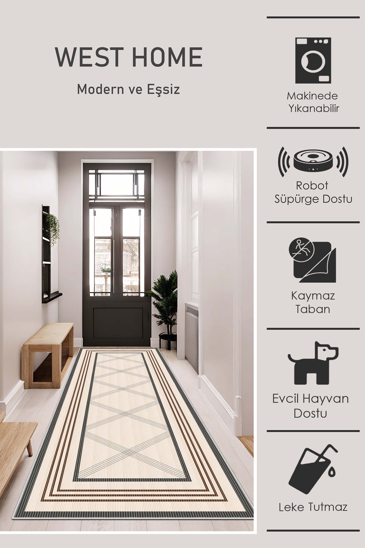 West Home Dijital Baskılı Yıkanabilir Kaymaz Taban Salon, Mutfak ve Yolluk Halısı-664 Beige