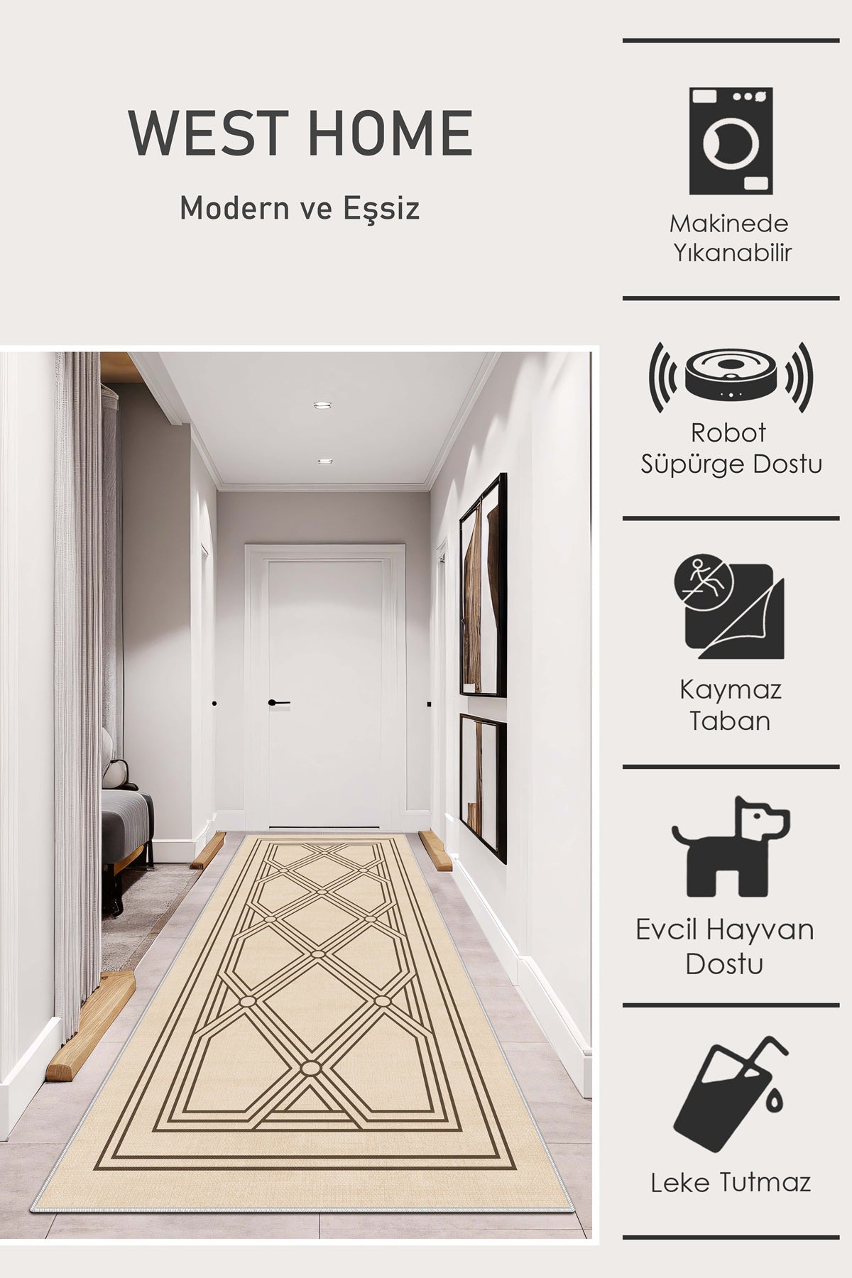 West Home Dijital Baskılı Yıkanabilir Kaymaz Taban Salon, Mutfak ve Yolluk Halısı-665 Beige