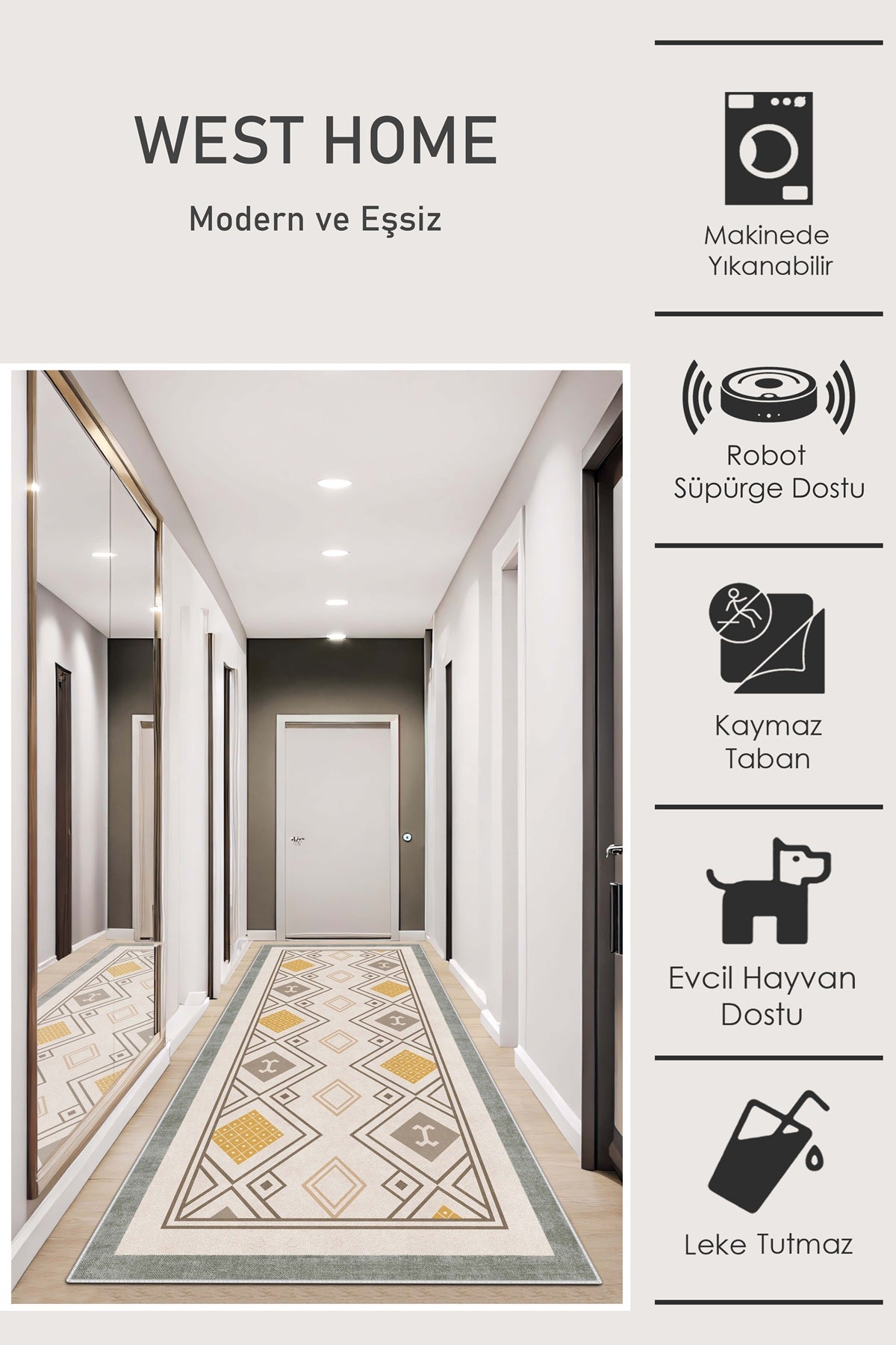 West Home Dijital Baskılı Yıkanabilir Kaymaz Taban Salon, Mutfak ve Yolluk Halısı-666 Green
