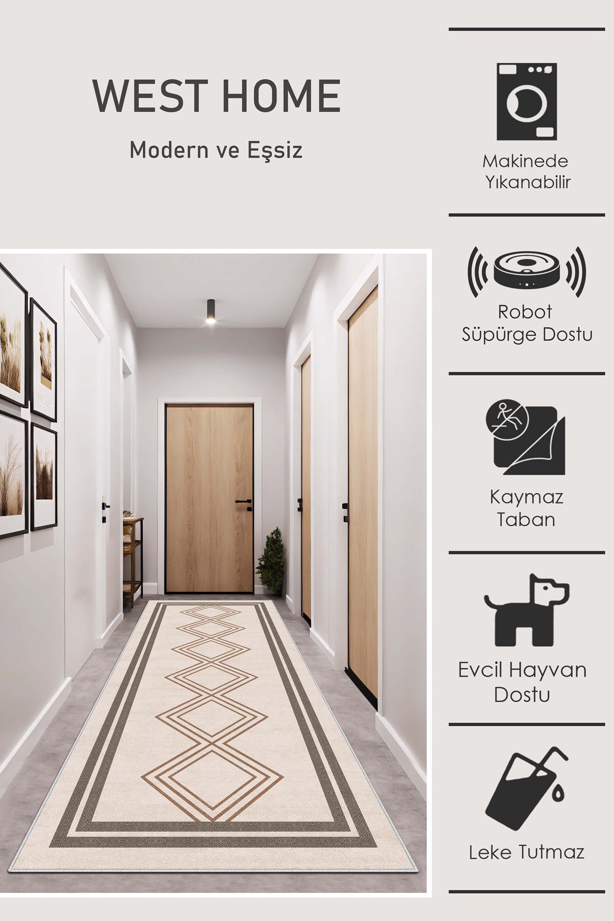 West Home Dijital Baskılı Yıkanabilir Kaymaz Taban Salon, Mutfak ve Yolluk Halısı-668 Beige
