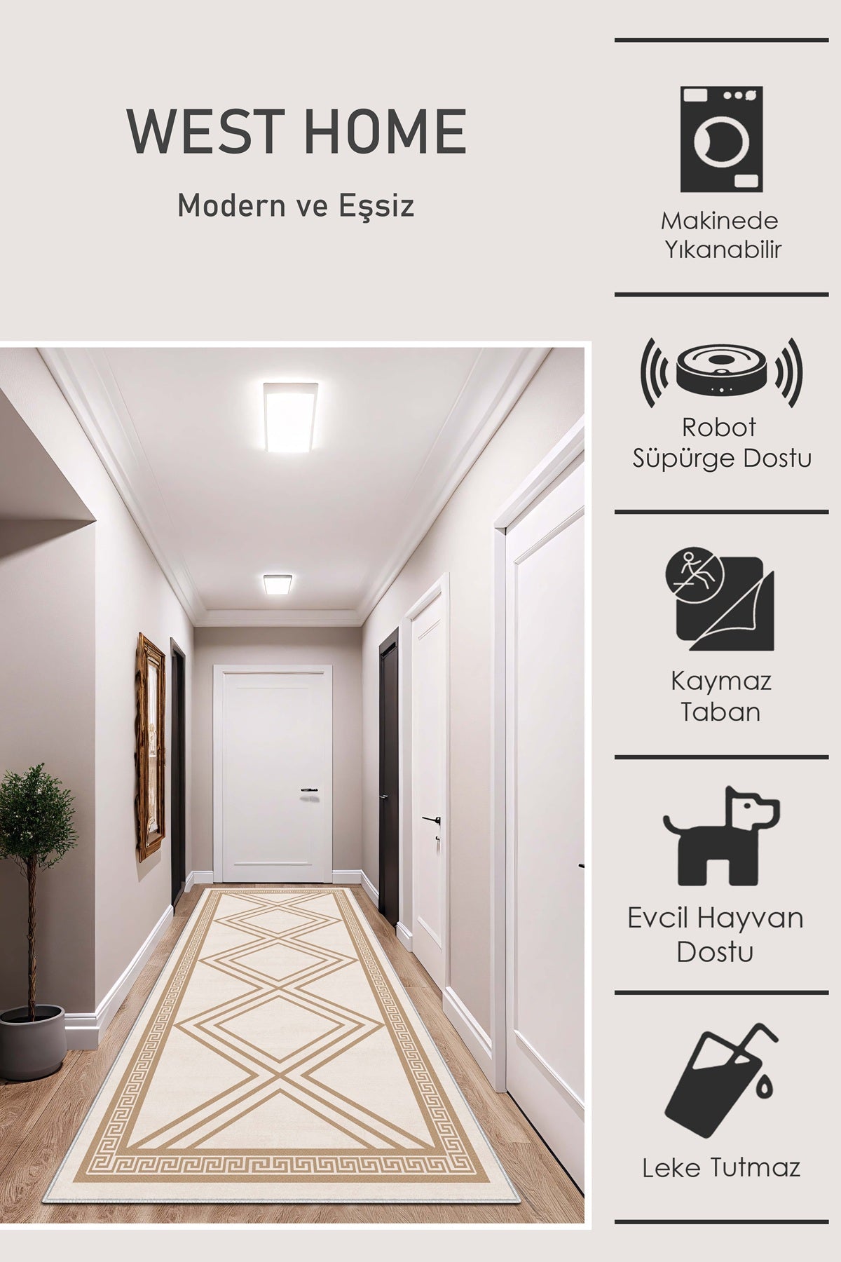 West Home Dijital Baskılı Yıkanabilir Kaymaz Taban Salon, Mutfak ve Yolluk Halısı-669 Beige