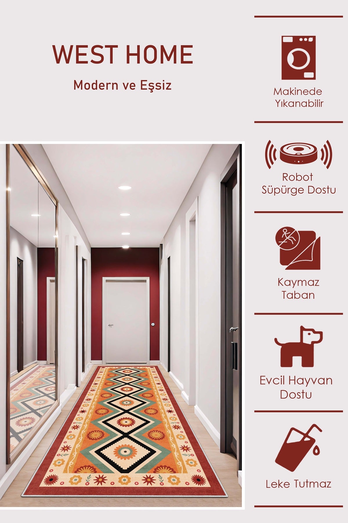 West Home Dijital Baskılı Yıkanabilir Kaymaz Taban Salon, Mutfak ve Yolluk Halısı-671 Multy