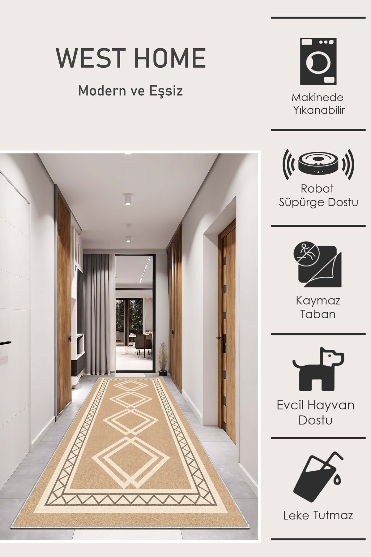 West Home Dijital Baskılı Yıkanabilir Kaymaz Taban Salon, Mutfak ve Yolluk Halısı-675 Beige