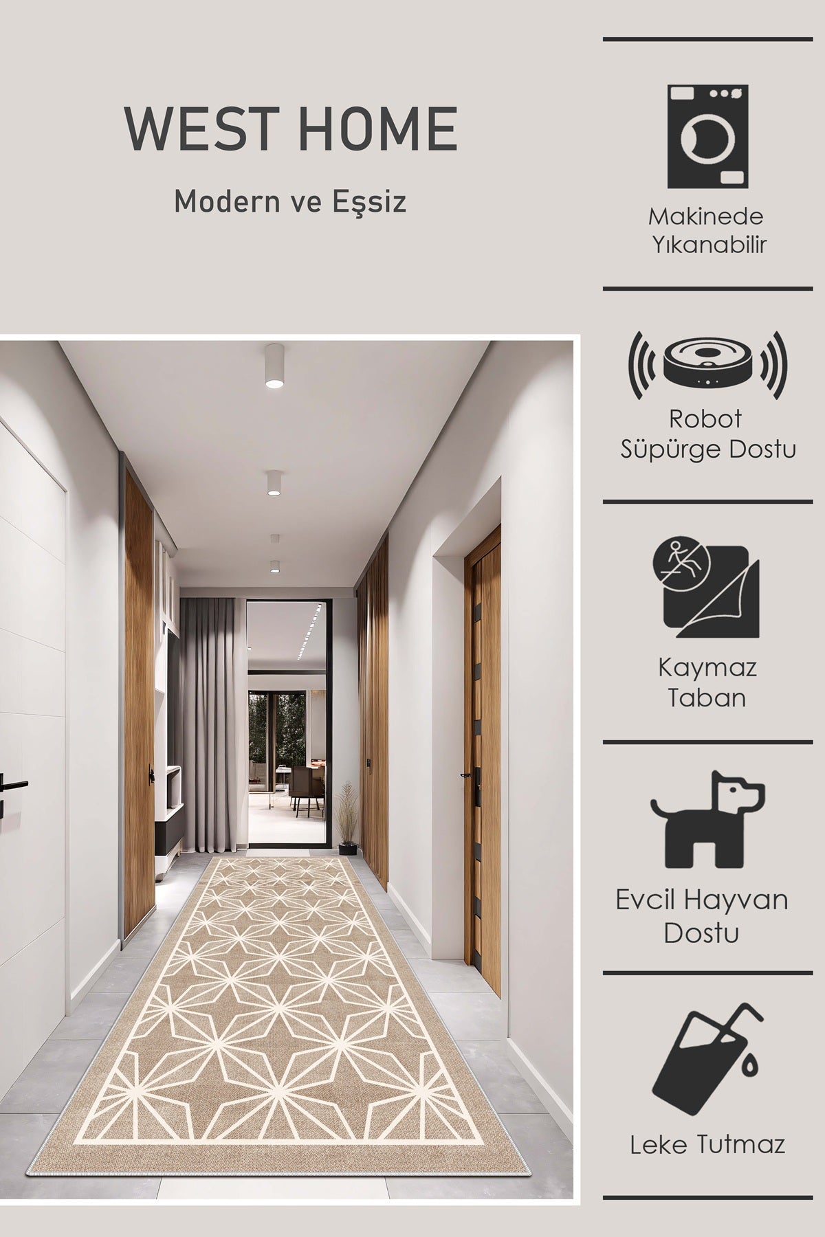 West Home Dijital Baskılı Yıkanabilir Kaymaz Taban Salon, Mutfak ve Yolluk Halısı-676 Beige