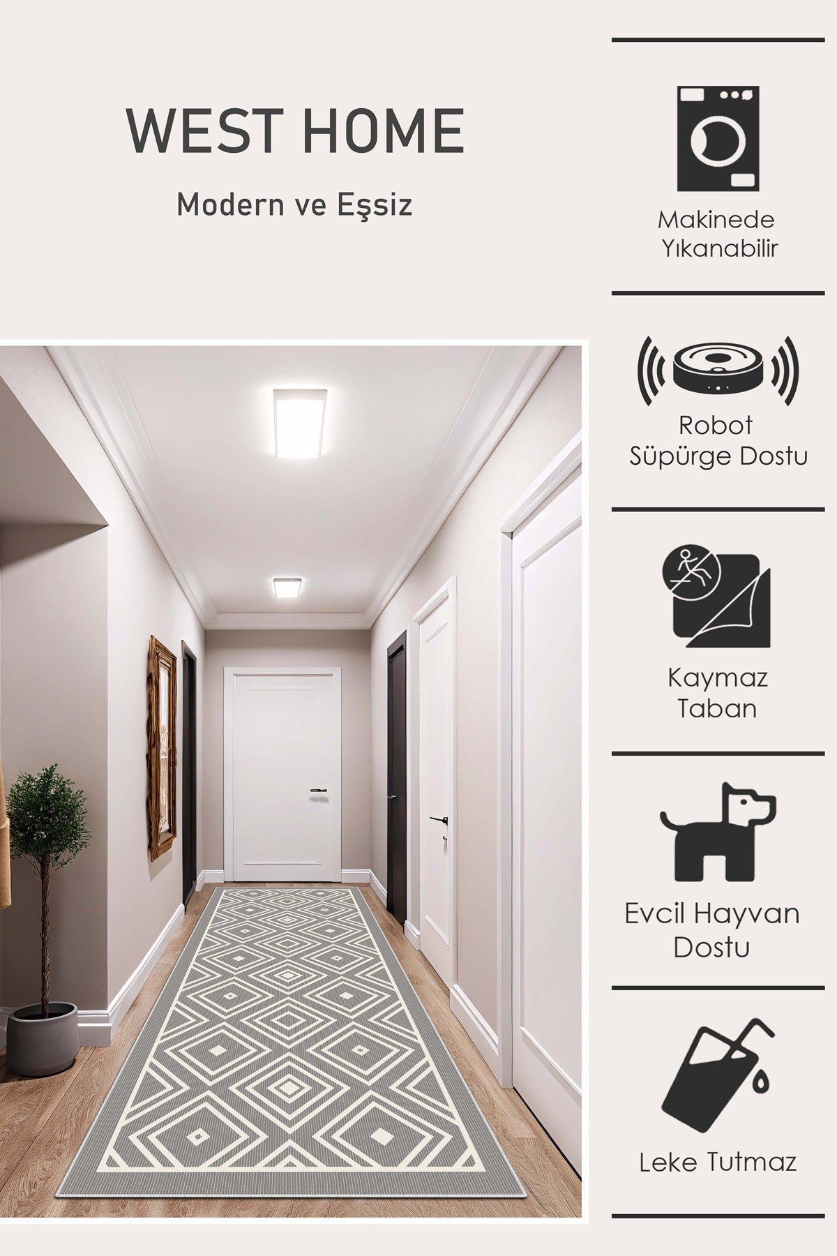 West Home Dijital Baskılı Yıkanabilir Kaymaz Taban Salon, Mutfak ve Yolluk Halısı-677 Grey