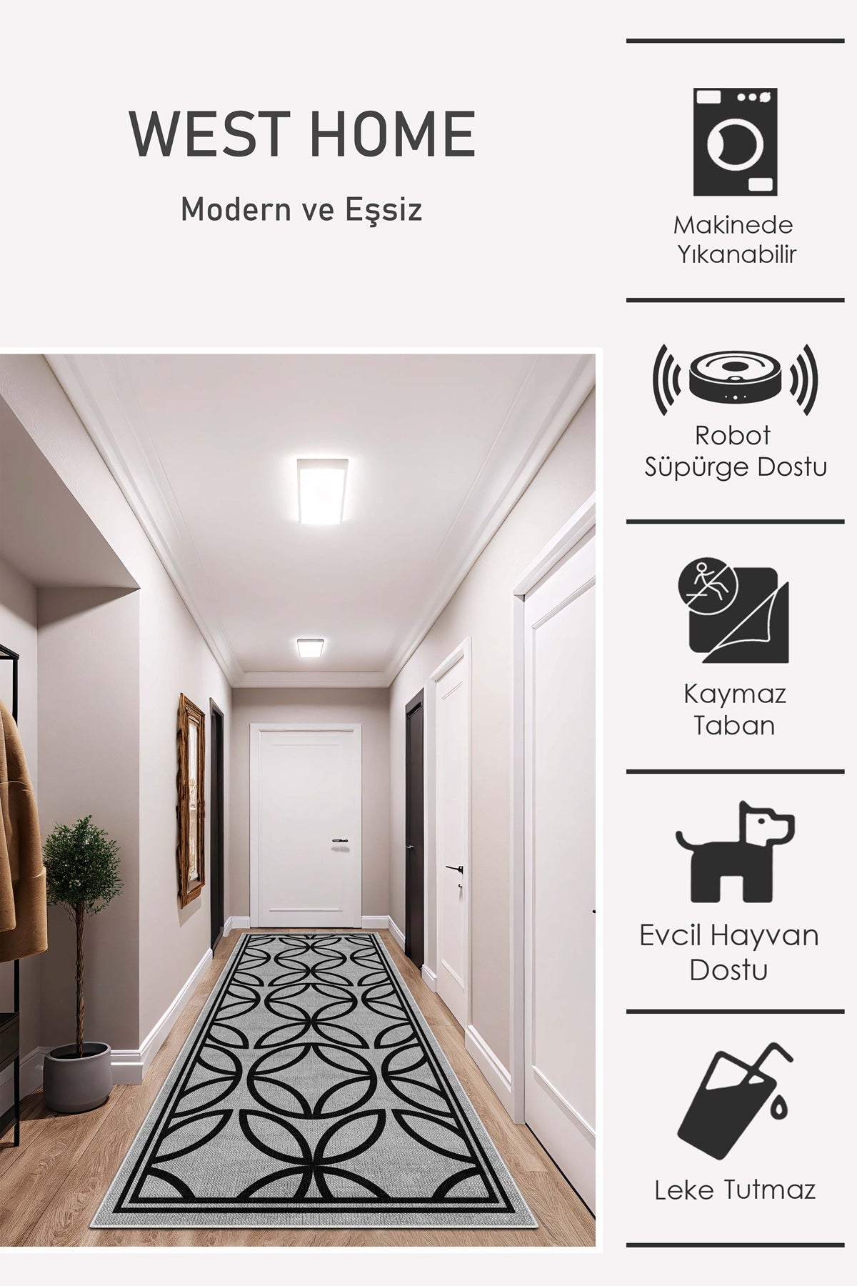 West Home Dijital Baskılı Yıkanabilir Kaymaz Taban Salon, Mutfak ve Yolluk Halısı-678 Grey