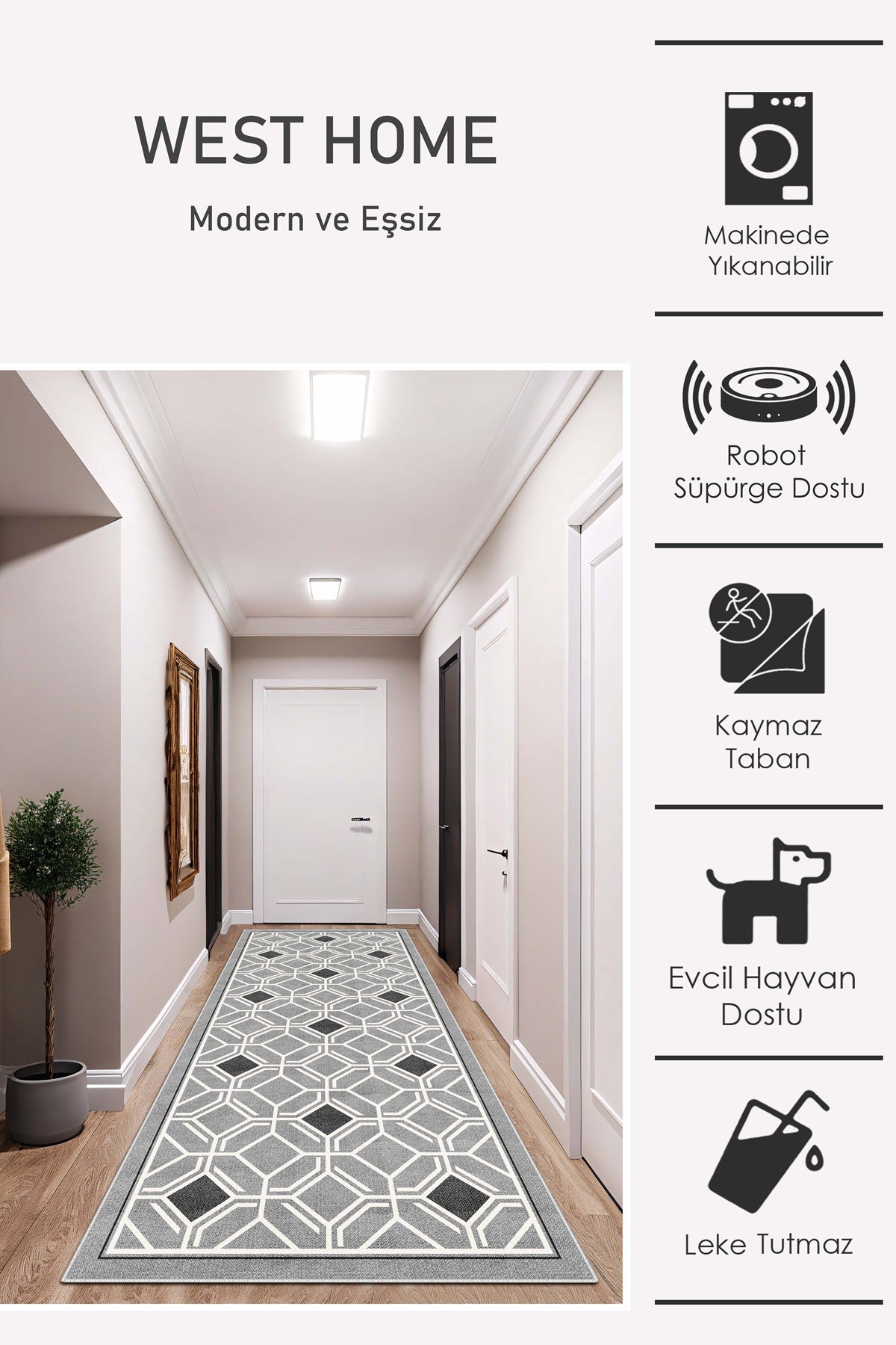 West Home Dijital Baskılı Yıkanabilir Kaymaz Taban Salon, Mutfak ve Yolluk Halısı-679 Grey