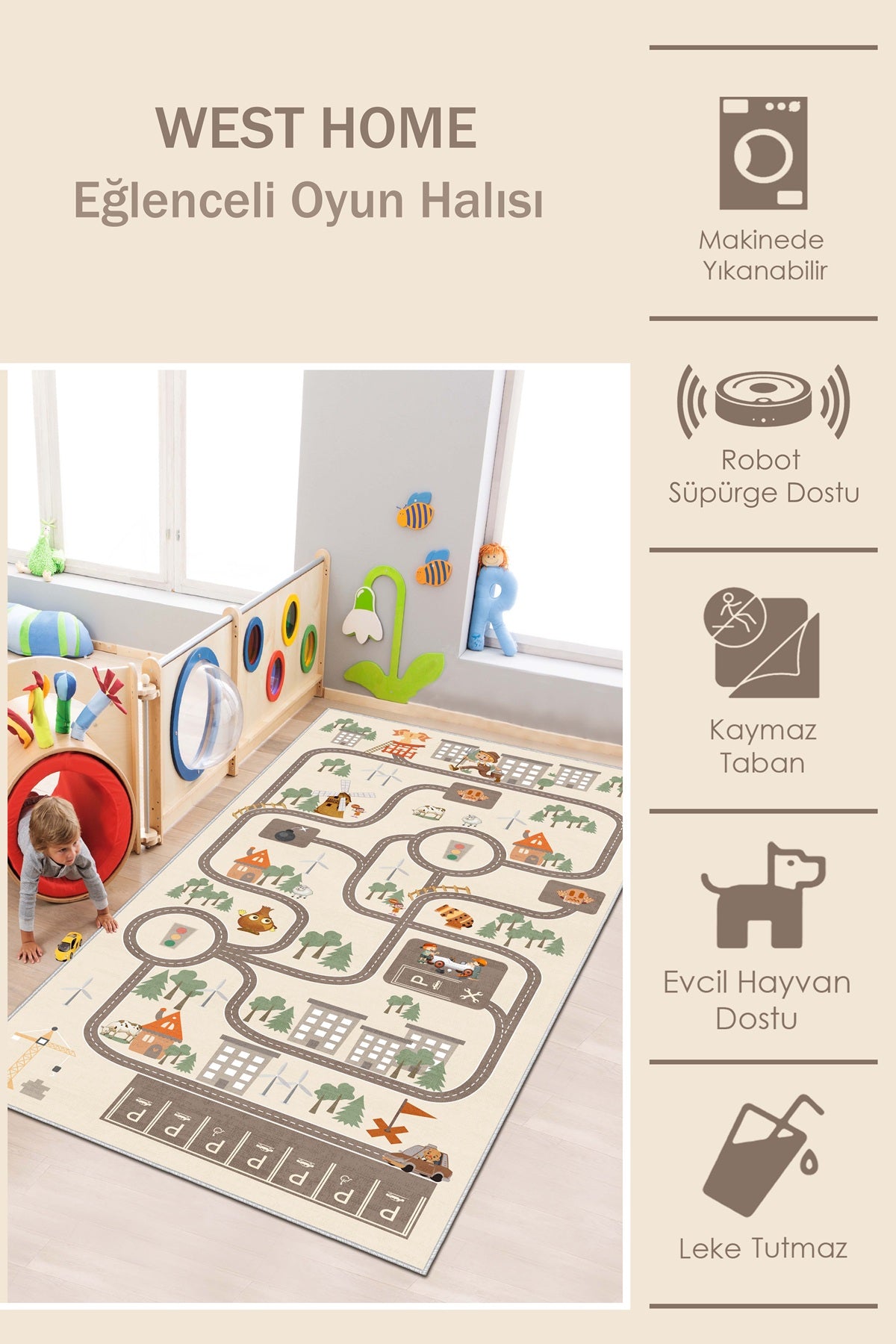 West Home Makinede Yıkanabilir, Çocuk Halısı-680 Beige