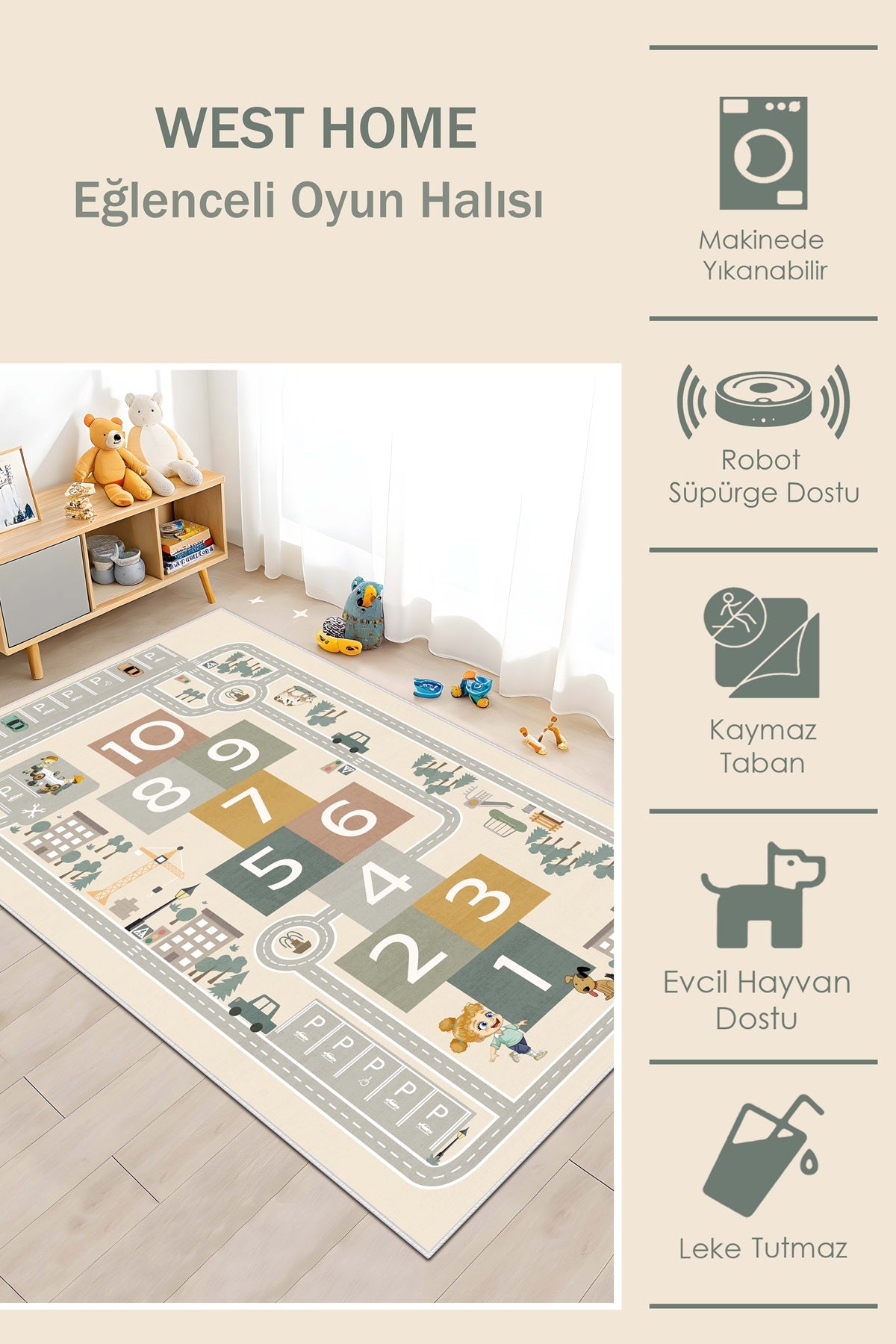 West Home Makinede Yıkanabilir, Çocuk Halısı-681 Beige
