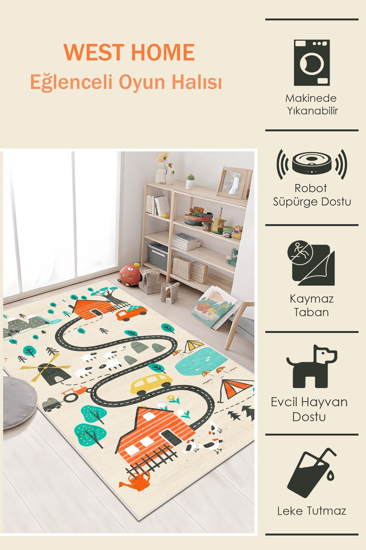 West Home Makinede Yıkanabilir, Çocuk Halısı-682 Beige