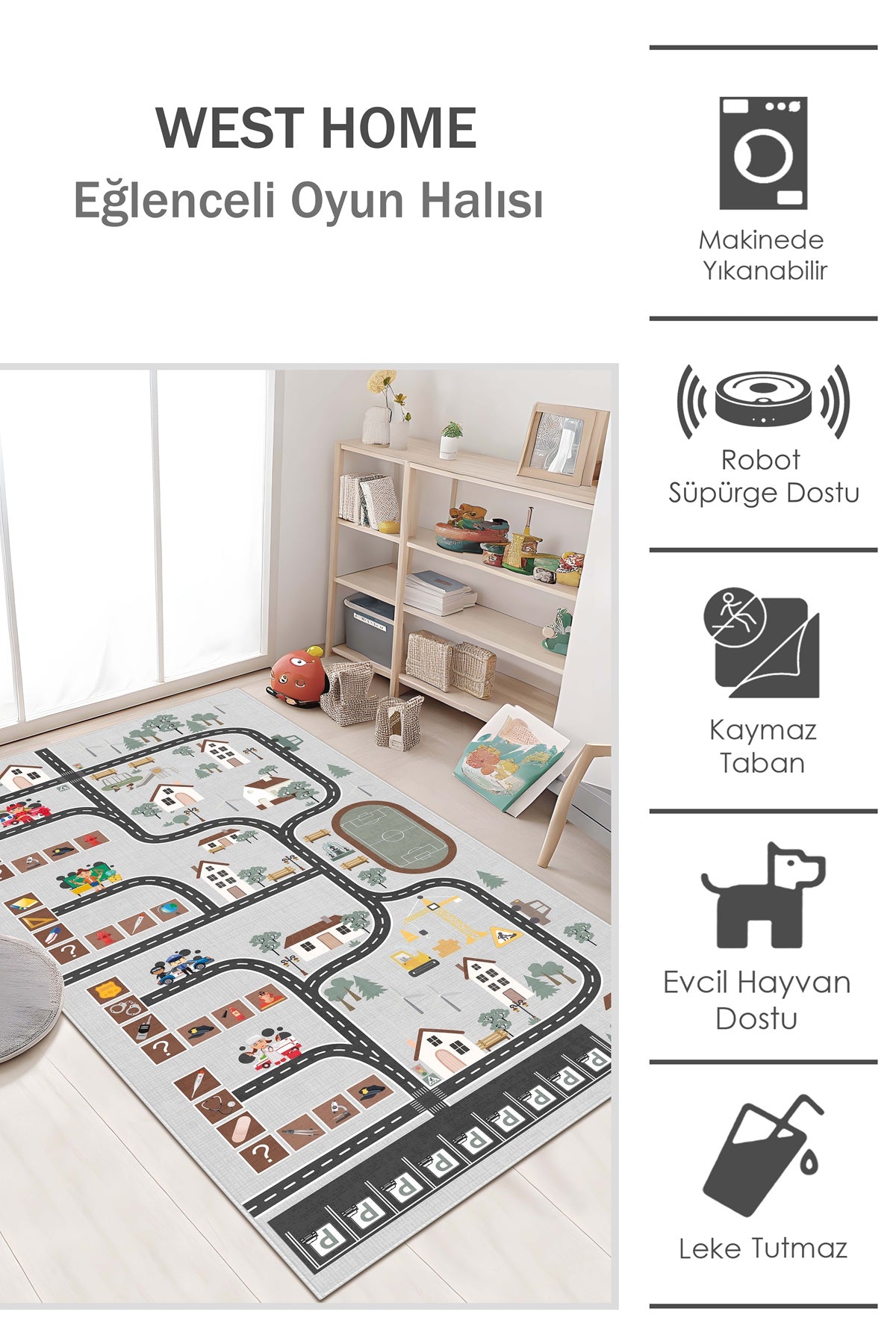 West Home Makinede Yıkanabilir, Çocuk Halısı-683 Grey