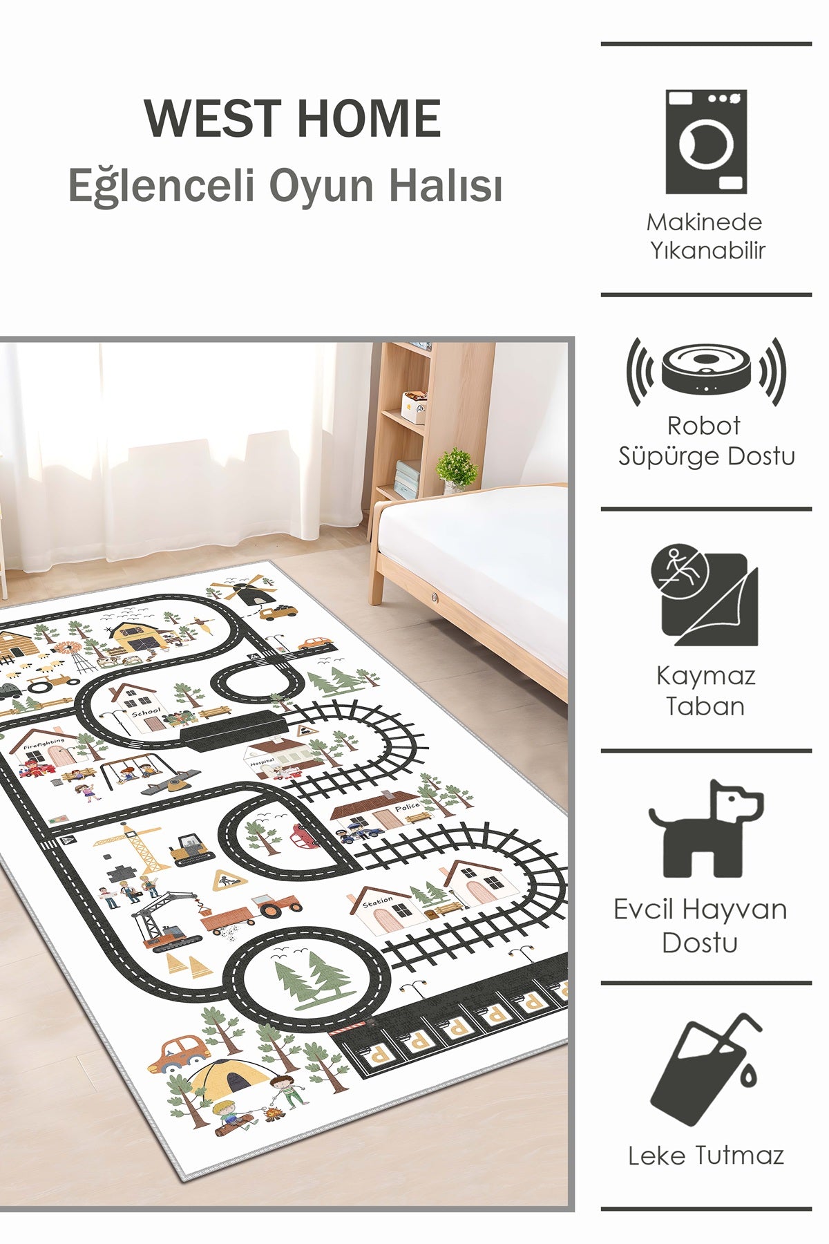 West Home Makinede Yıkanabilir, Çocuk Halısı-684 White