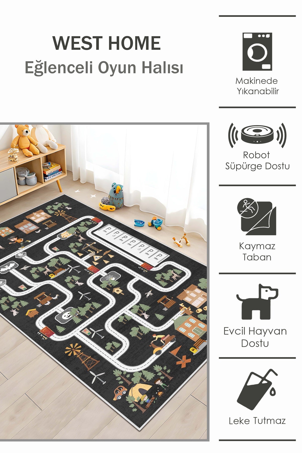 West Home Makinede Yıkanabilir, Çocuk Halısı-685 Black