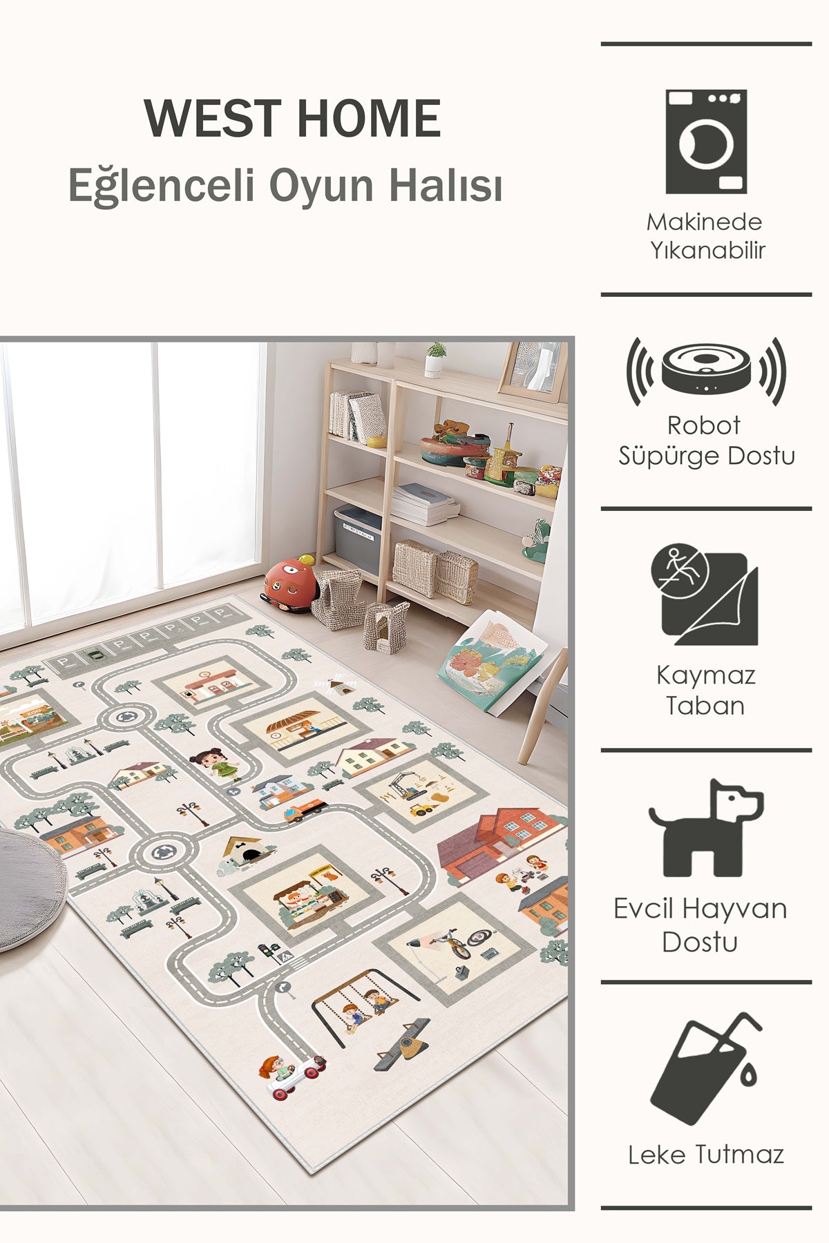 West Home Makinede Yıkanabilir, Çocuk Halısı-686 Beige