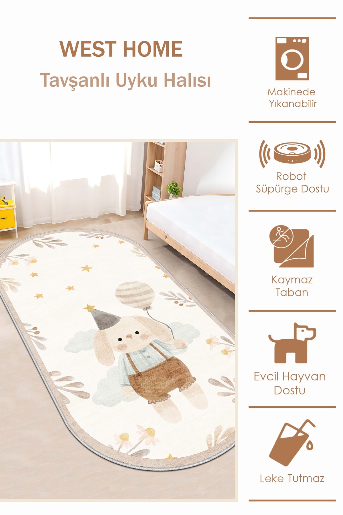 West Home Makinede Yıkanabilir, Çocuk Halısı-687 Beige