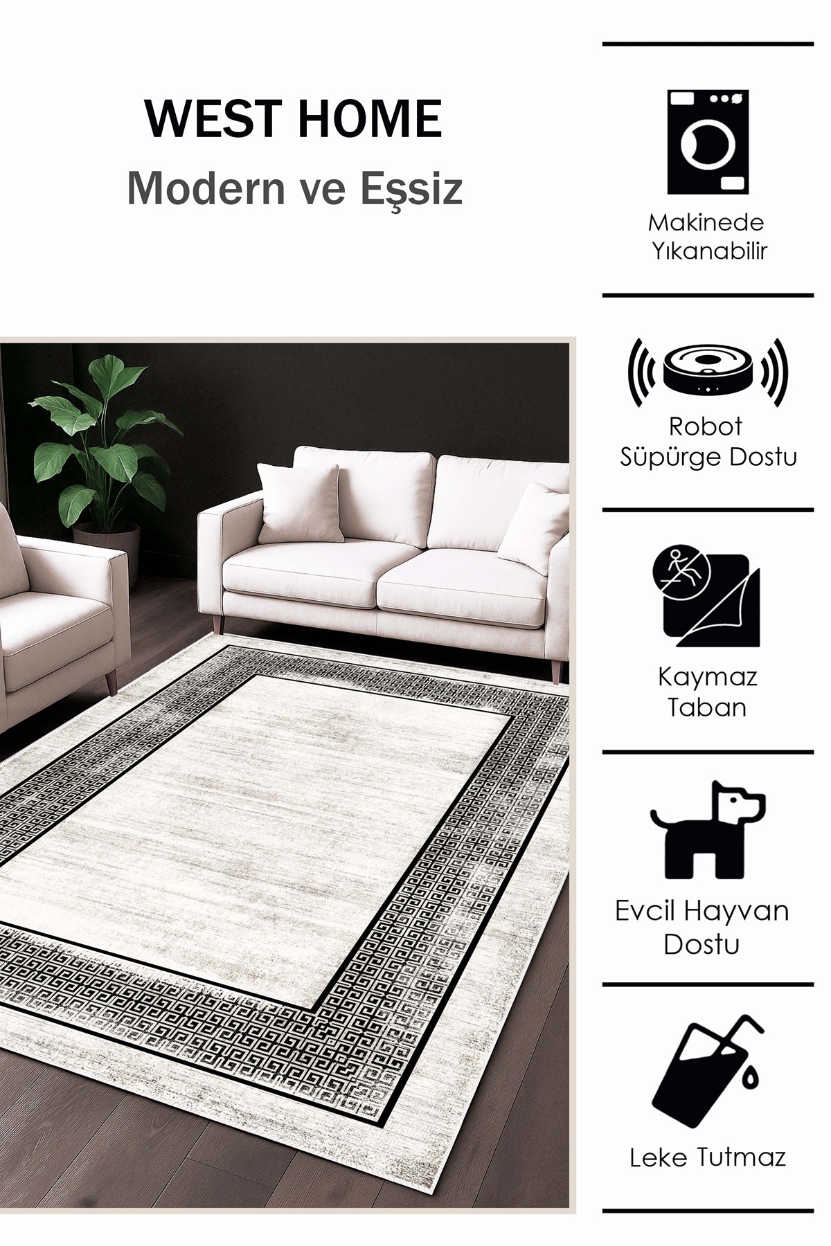 West Home Dijital Baskılı Yıkanabilir Kaymaz Taban Salon, Mutfak ve Yolluk Halısı-693 White