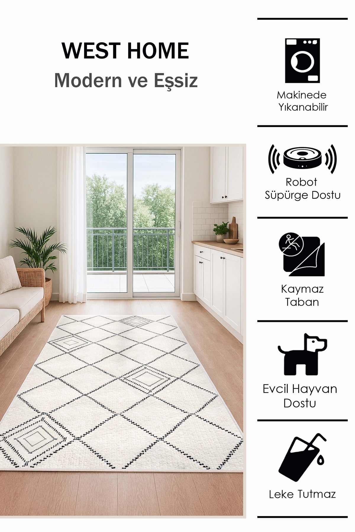 West Home Dijital Baskılı Yıkanabilir Kaymaz Taban Salon, Mutfak ve Yolluk Halısı-698 White