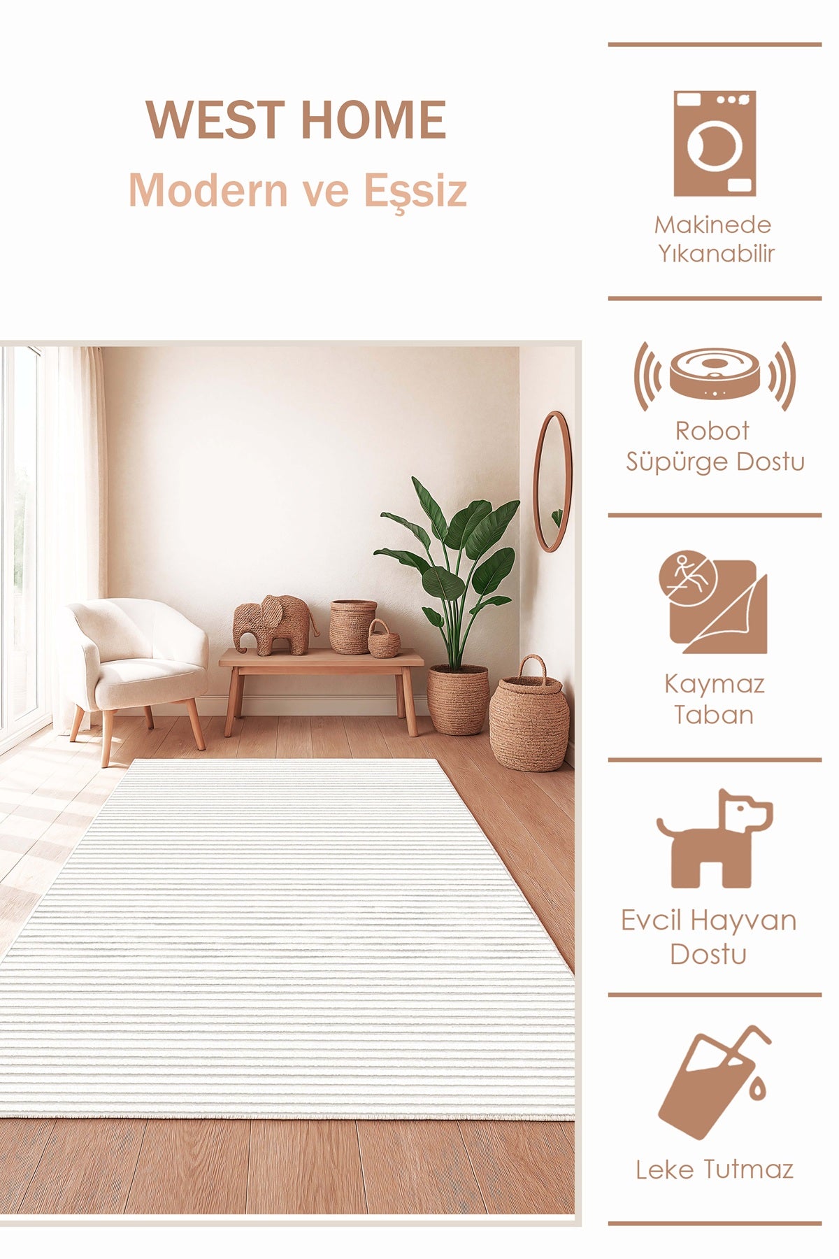 West Home Dijital Baskılı Yıkanabilir Kaymaz Taban Salon, Mutfak ve Yolluk Halısı-702 White