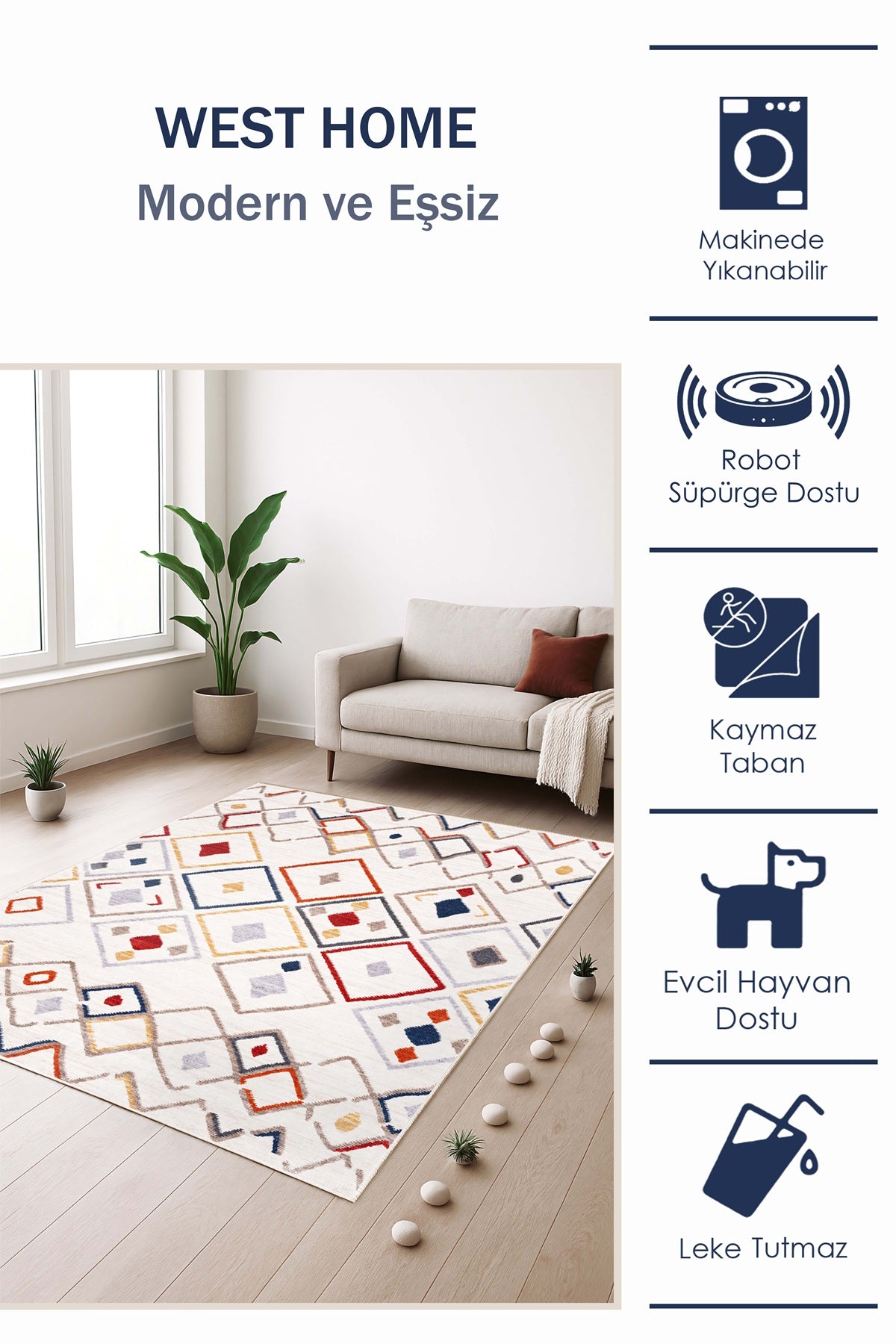 West Home Dijital Baskılı Yıkanabilir Kaymaz Taban Salon, Mutfak ve Yolluk Halısı-709 Multy