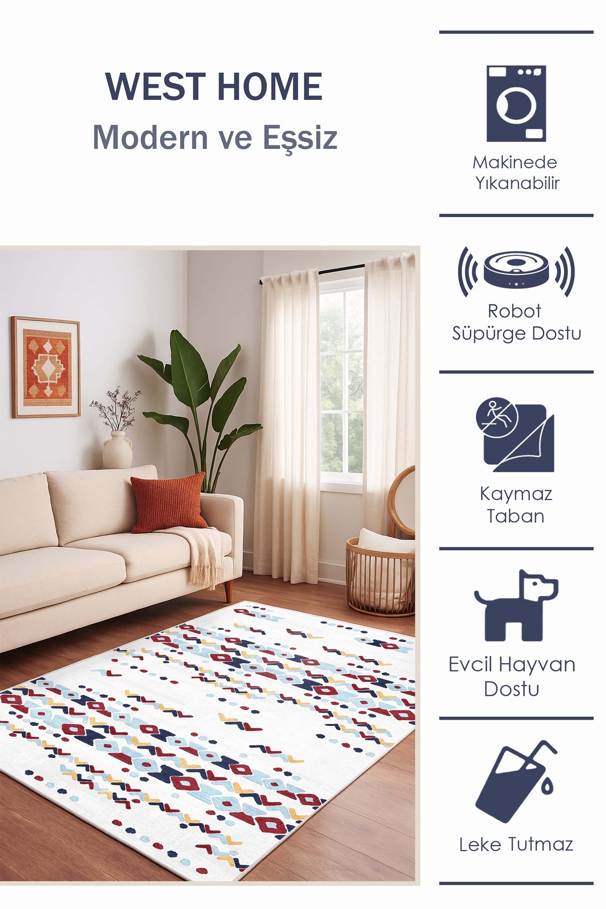 West Home Dijital Baskılı Yıkanabilir Kaymaz Taban Salon, Mutfak ve Yolluk Halısı-712 Multy