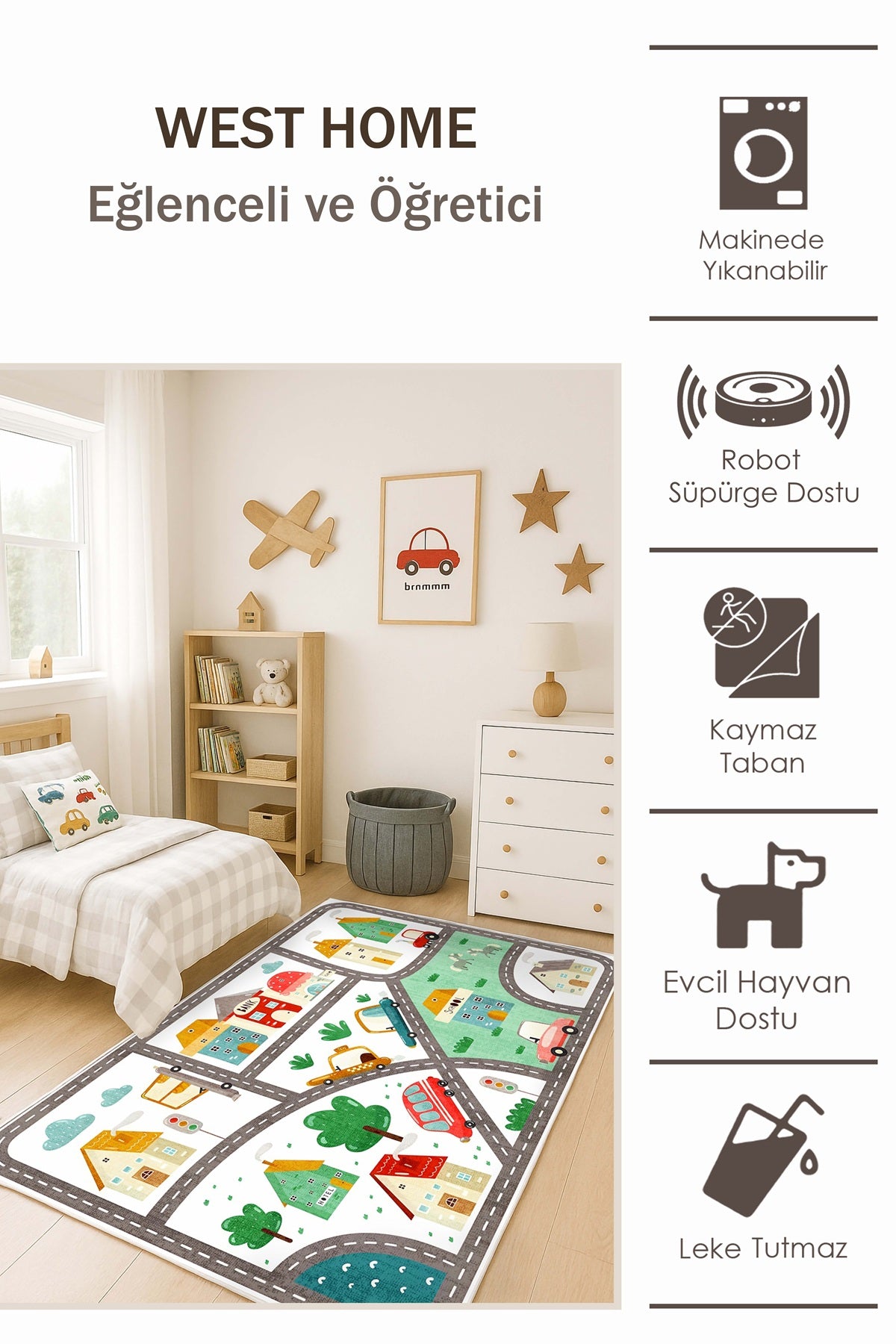 West Home Makinede Yıkanabilir, Çocuk Halısı-748 White