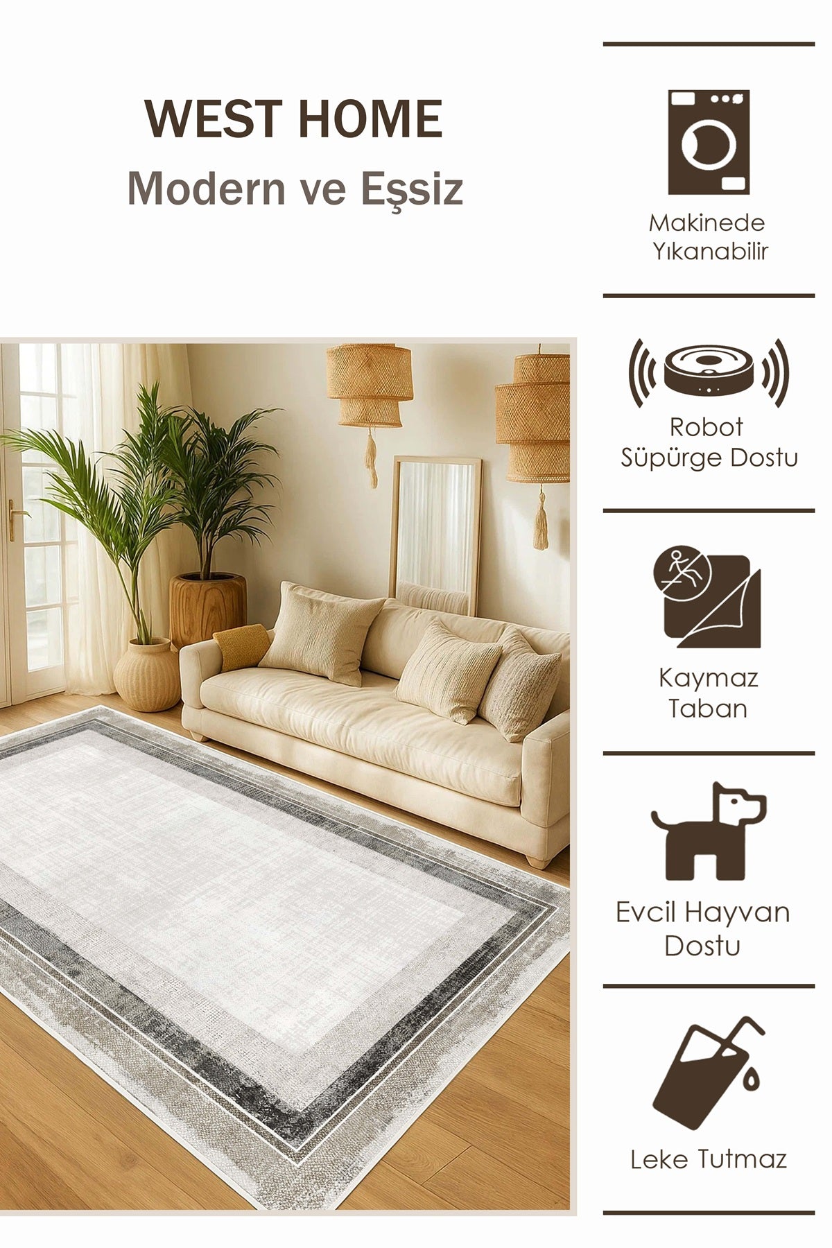 West Home Dijital Baskılı Yıkanabilir Kaymaz Taban Salon, Mutfak ve Yolluk Halısı-757 Beige