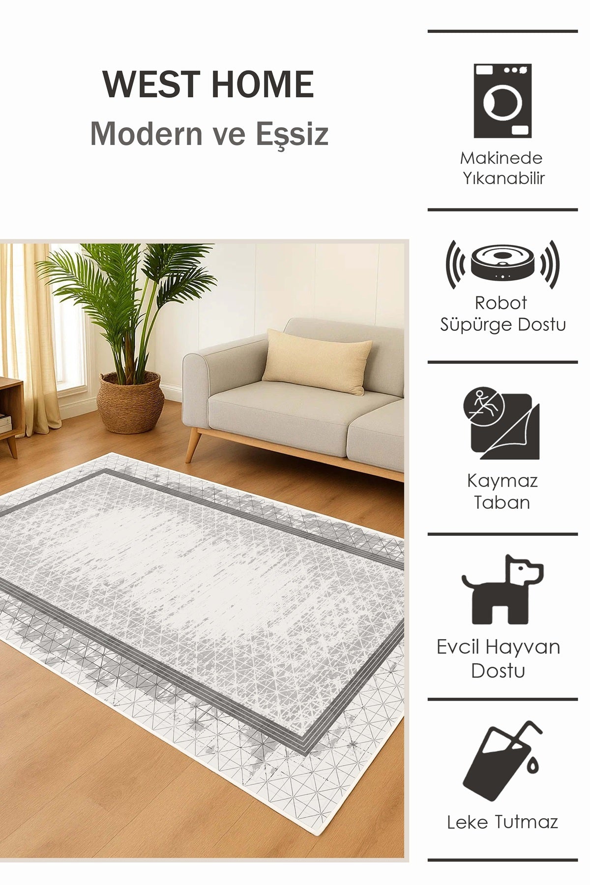 West Home Dijital Baskılı Yıkanabilir Kaymaz Taban Salon, Mutfak ve Yolluk Halısı-765 Grey